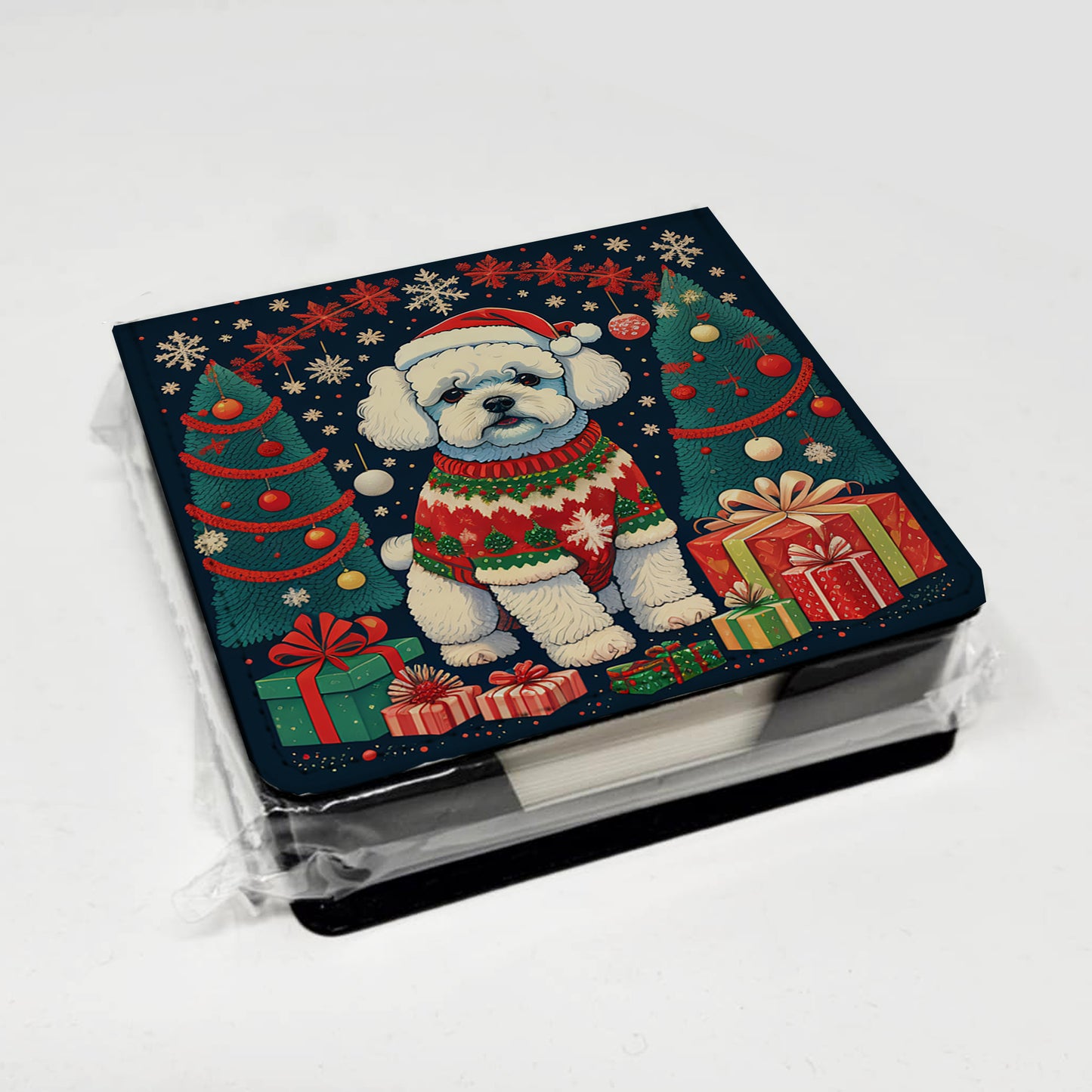 Bichon Frise Christmas PU Leather Note Paper Holder