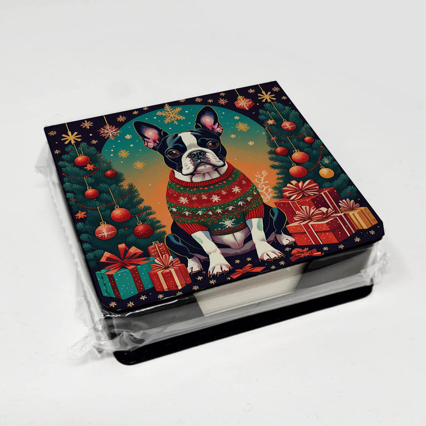 Boston Terrier Christmas PU Leather Note Paper Holder
