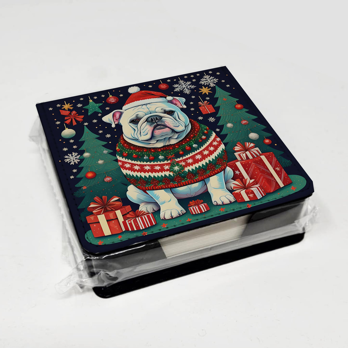 White English Bulldog Christmas PU Leather Note Paper Holder