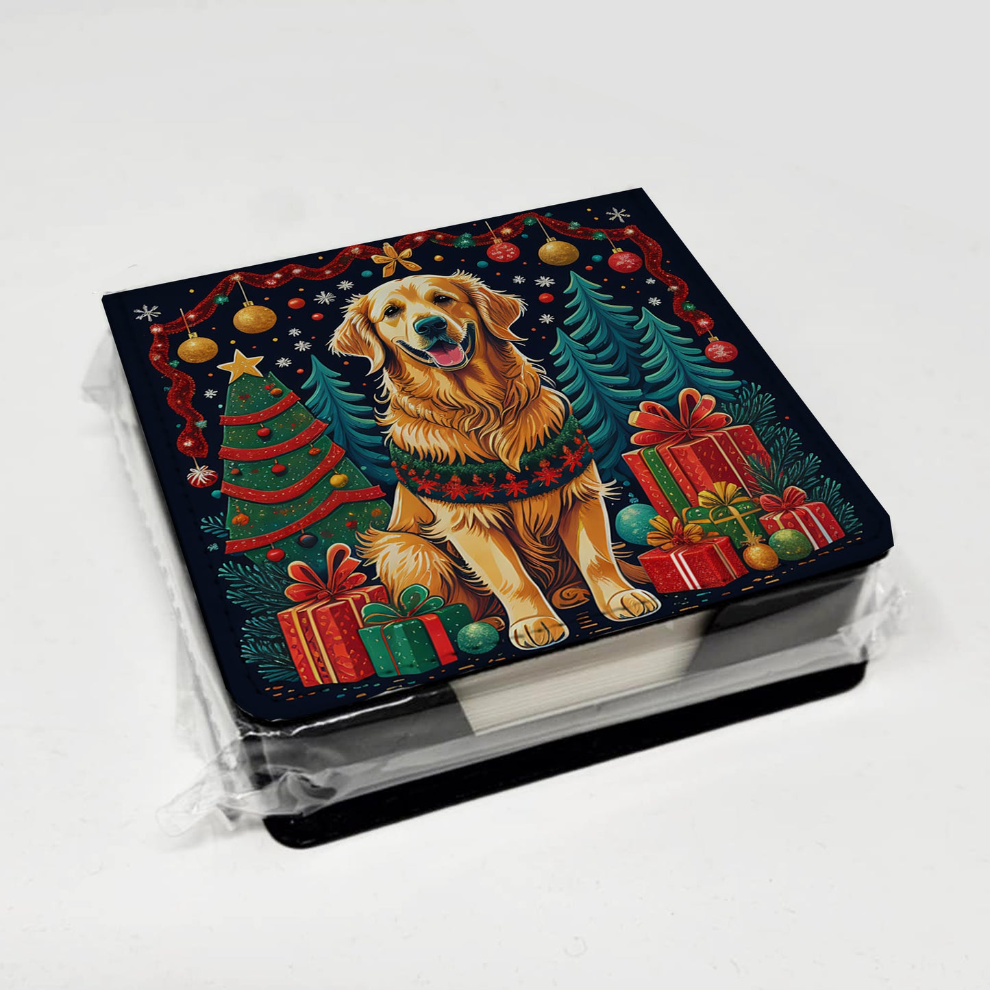 Golden Retriever Christmas PU Leather Note Paper Holder