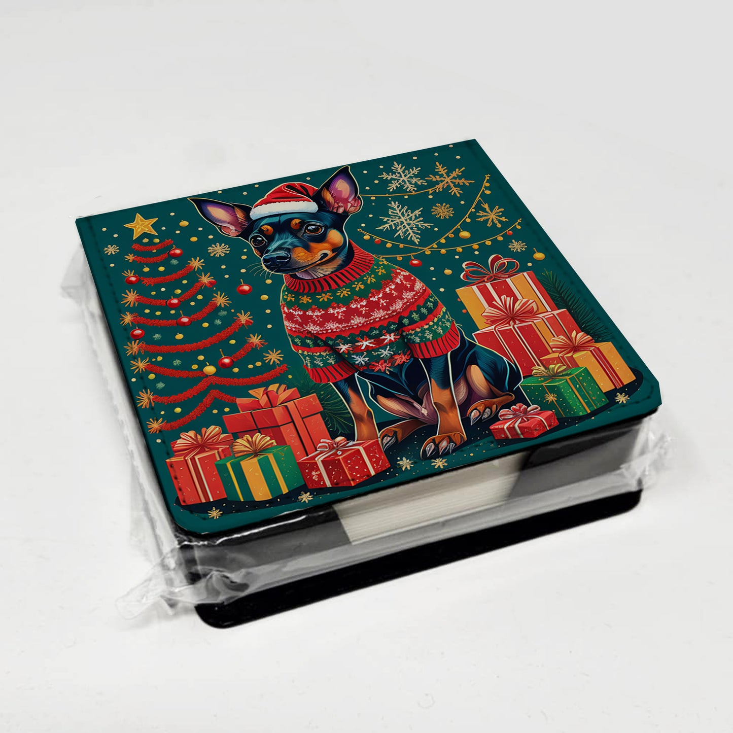 Miniature Pinscher Christmas PU Leather Note Paper Holder