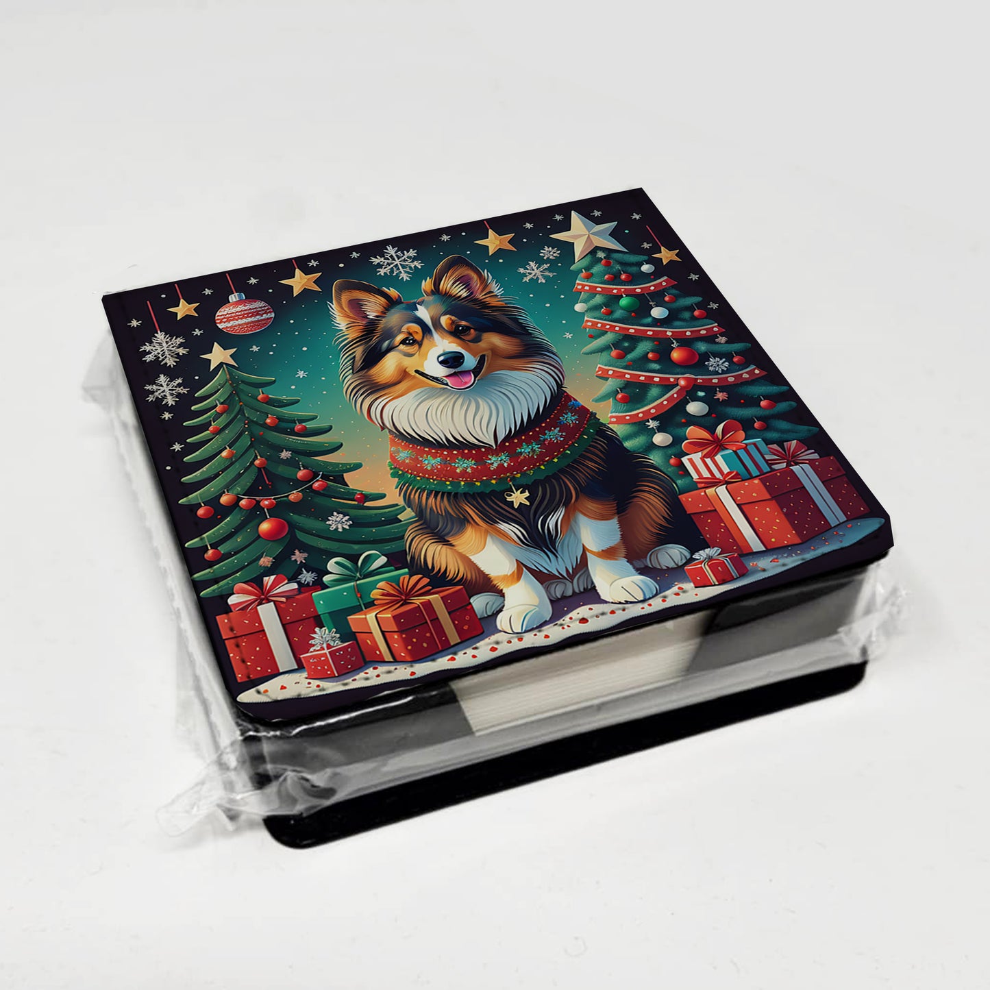 Sheltie Christmas PU Leather Note Paper Holder