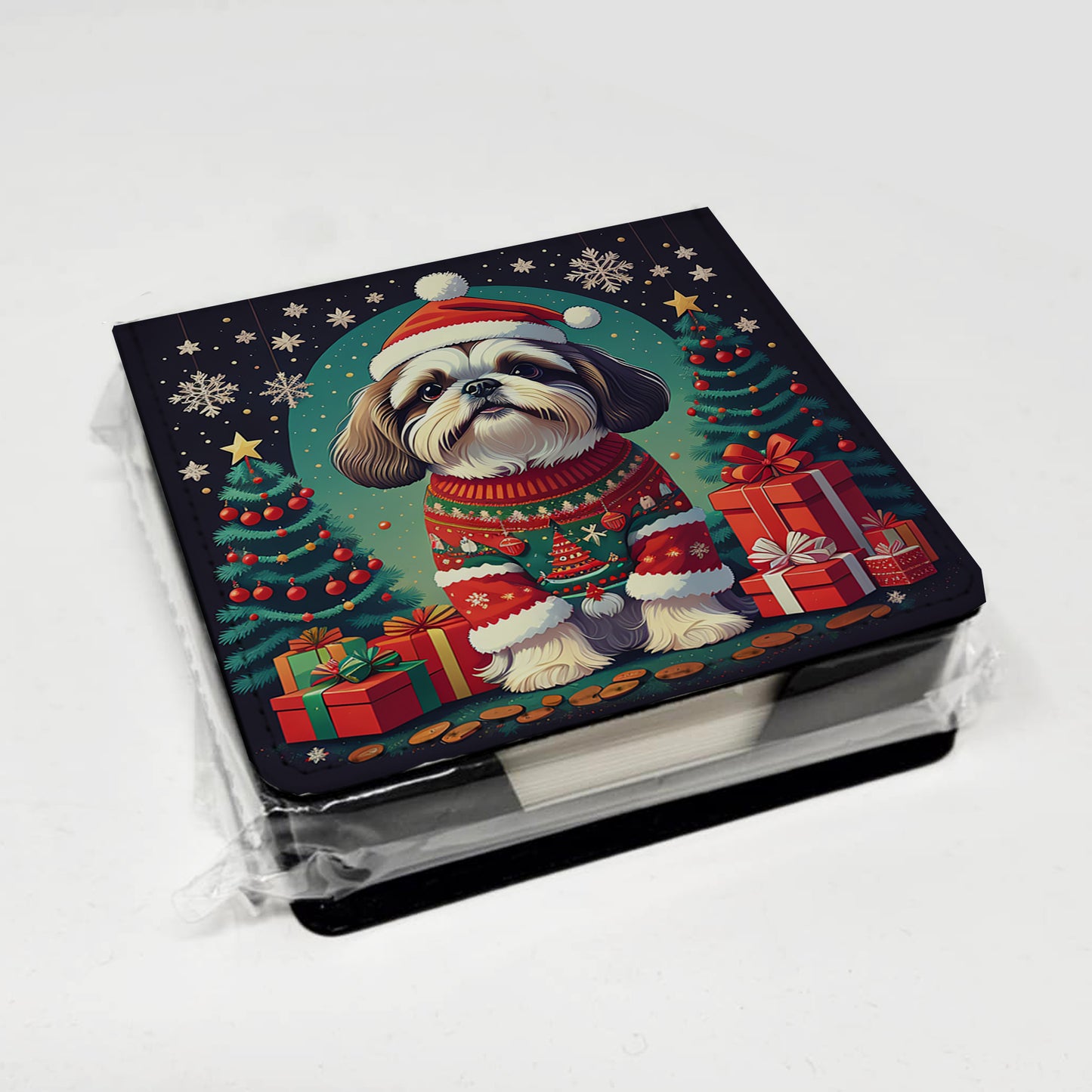 Shih Tzu Christmas PU Leather Note Paper Holder