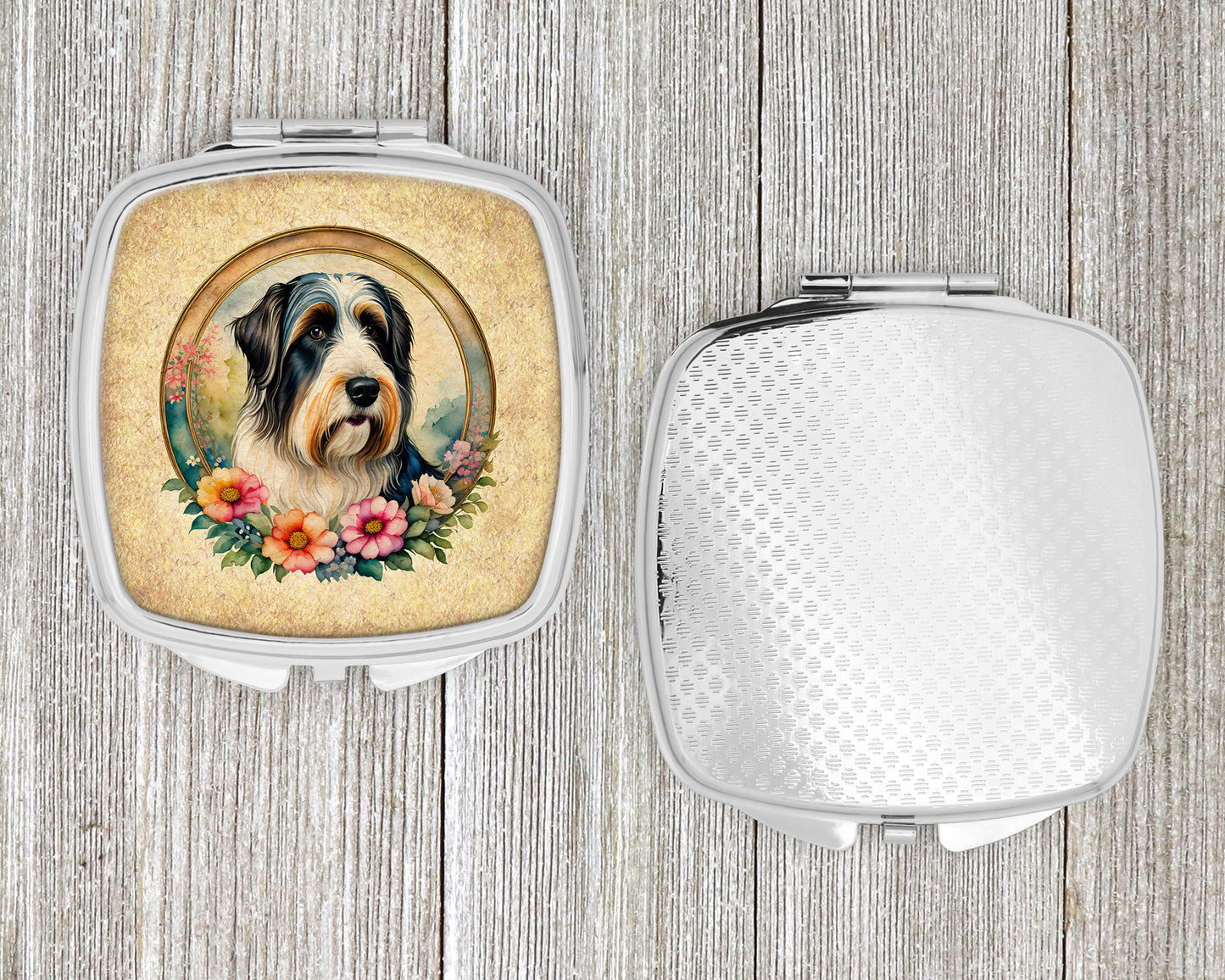 Bearded Collie and Flowers Compact Mirror