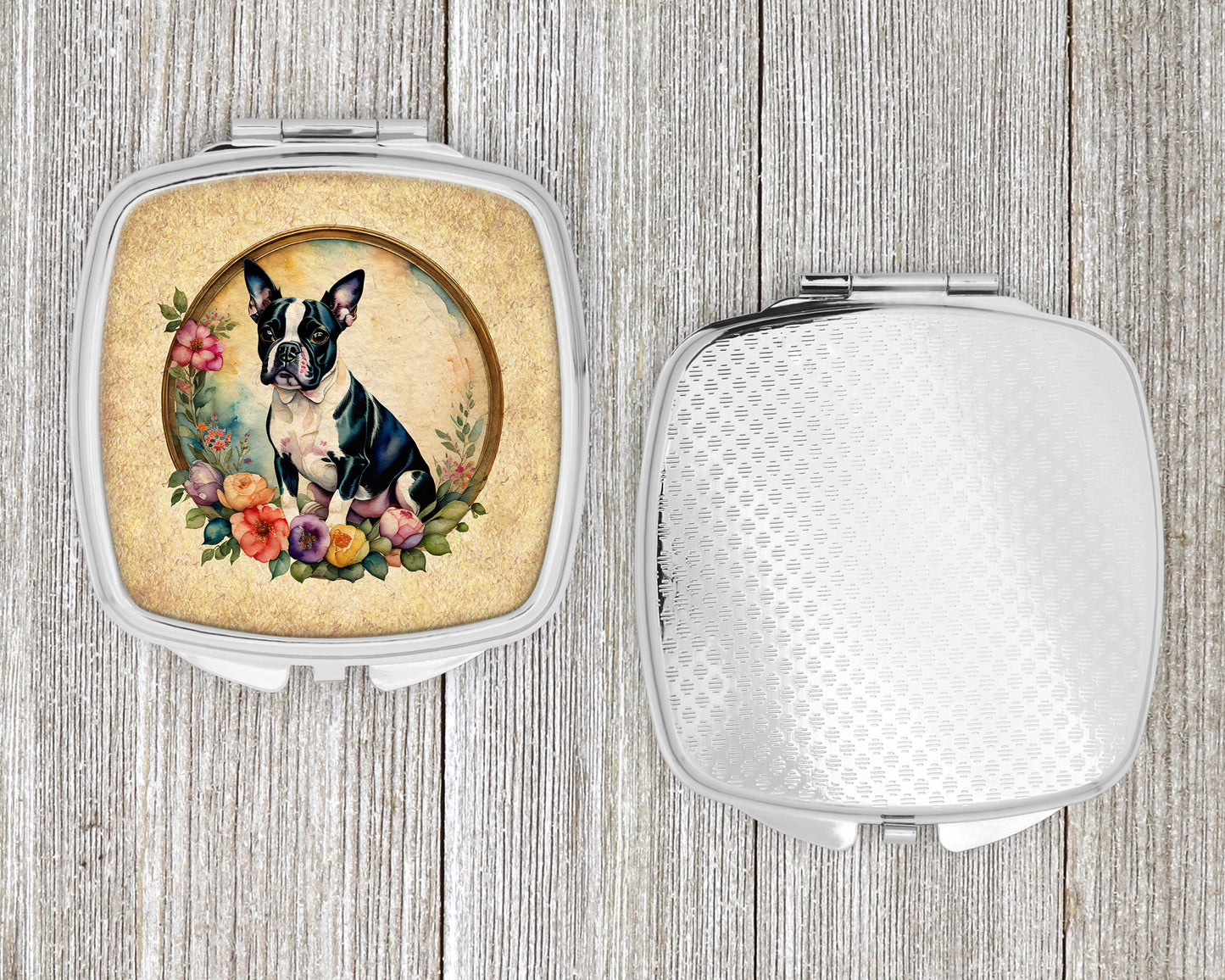 Boston Terrier and Flowers Compact Mirror