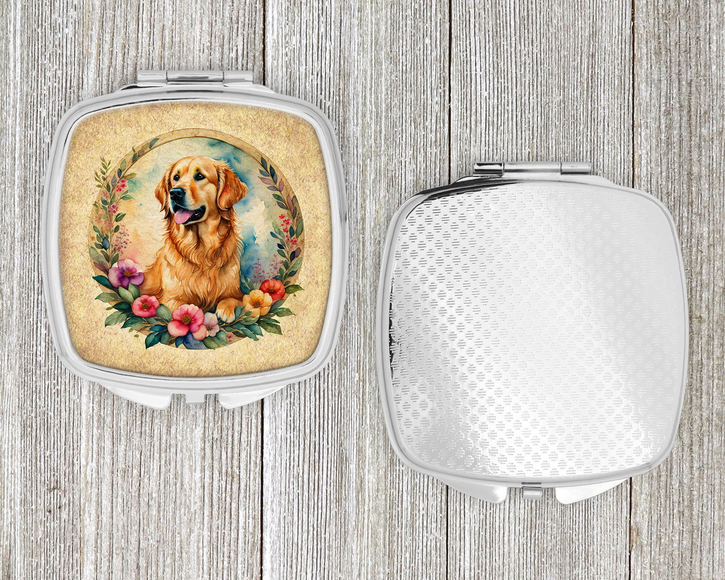 Golden Retriever and Flowers Compact Mirror