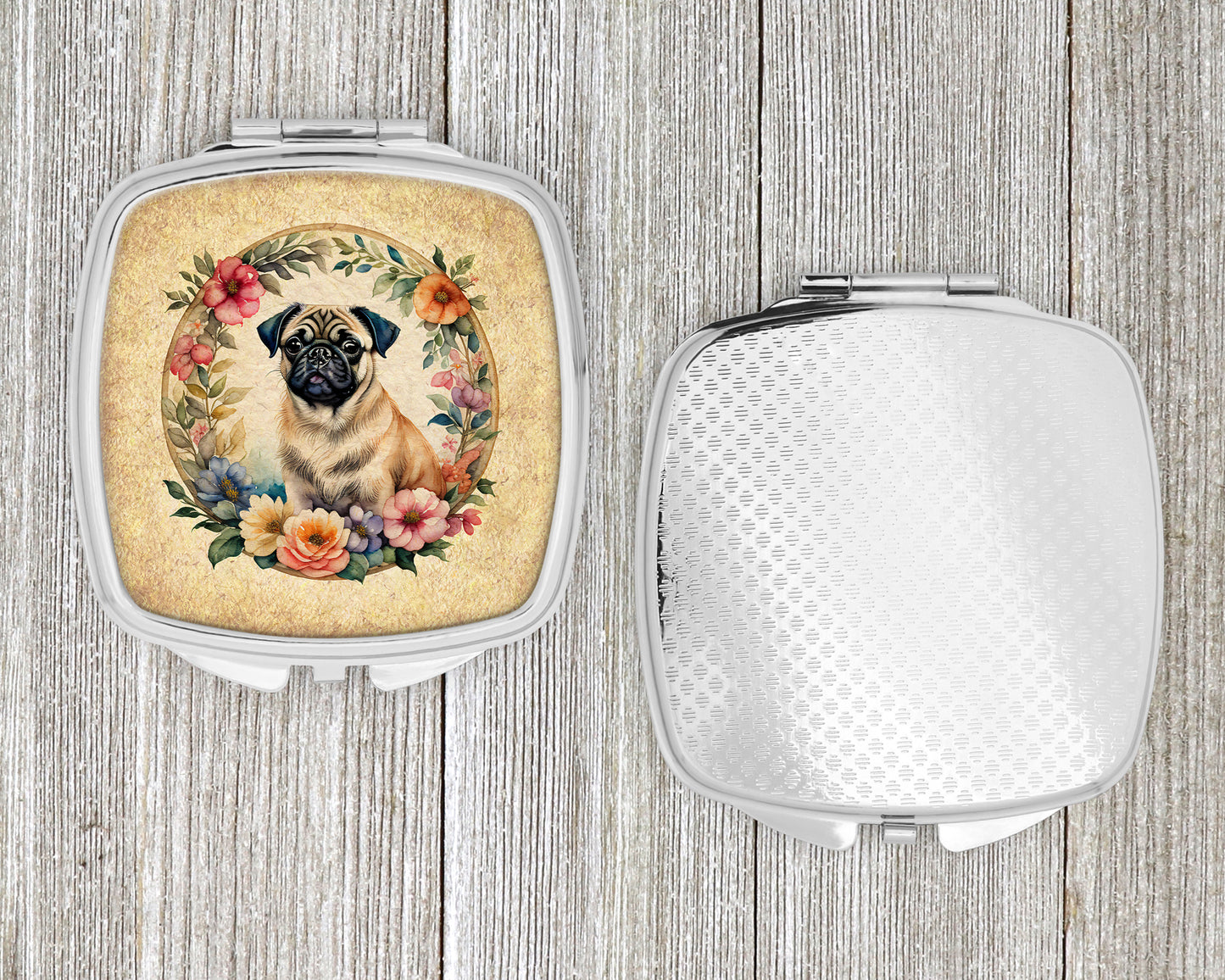 Fawn Pug and Flowers Compact Mirror