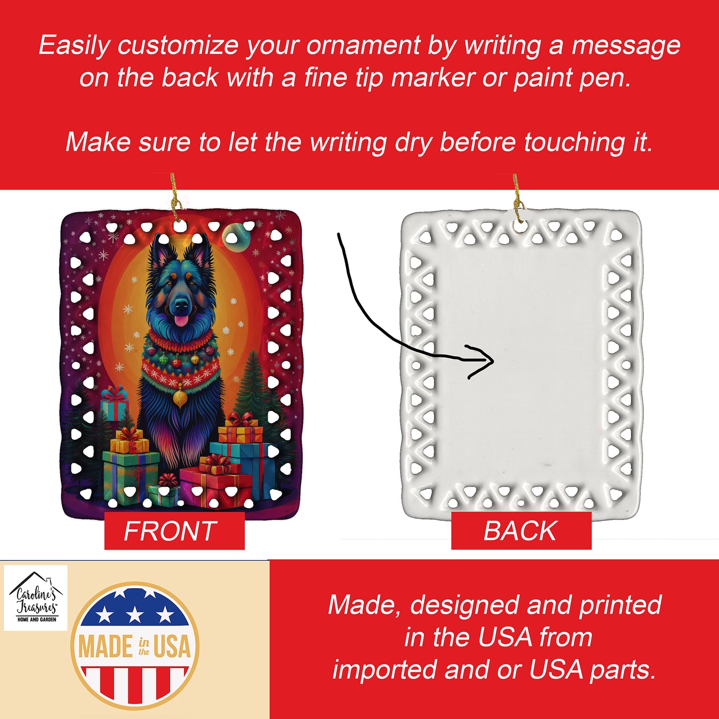 Belgian Sheepdog Holiday Christmas Porcelain Ornament