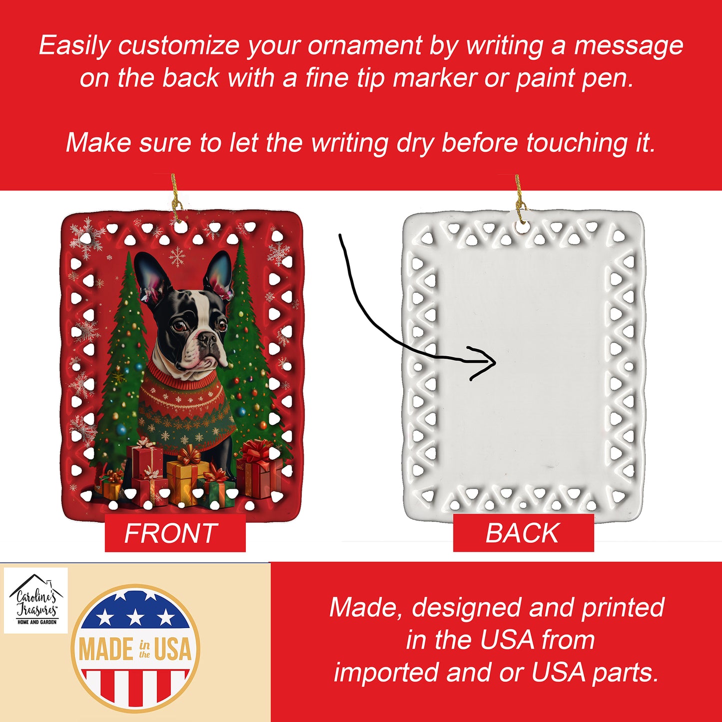 Boston Terrier Holiday Christmas Porcelain Ornament