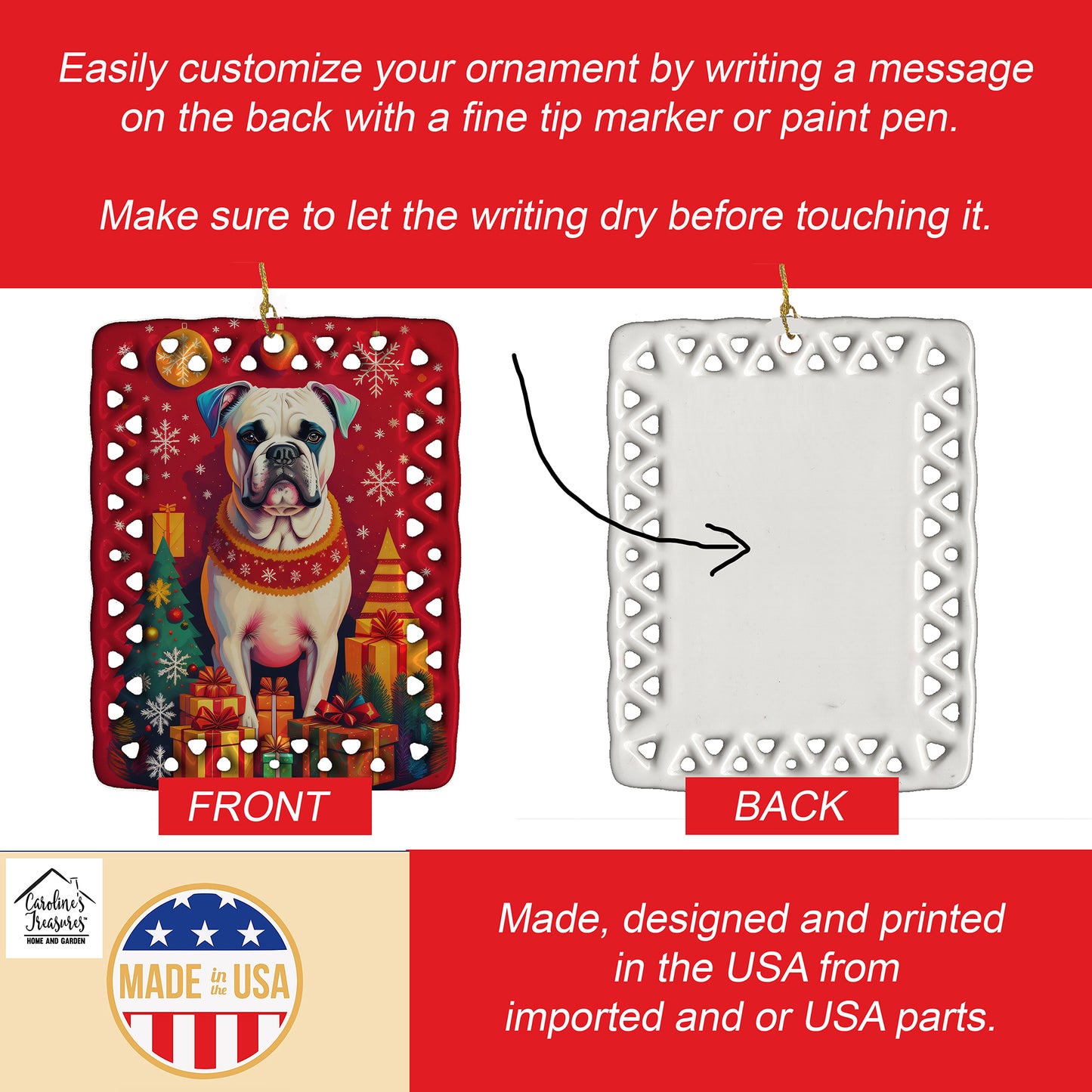 White Boxer Holiday Christmas Porcelain Ornament