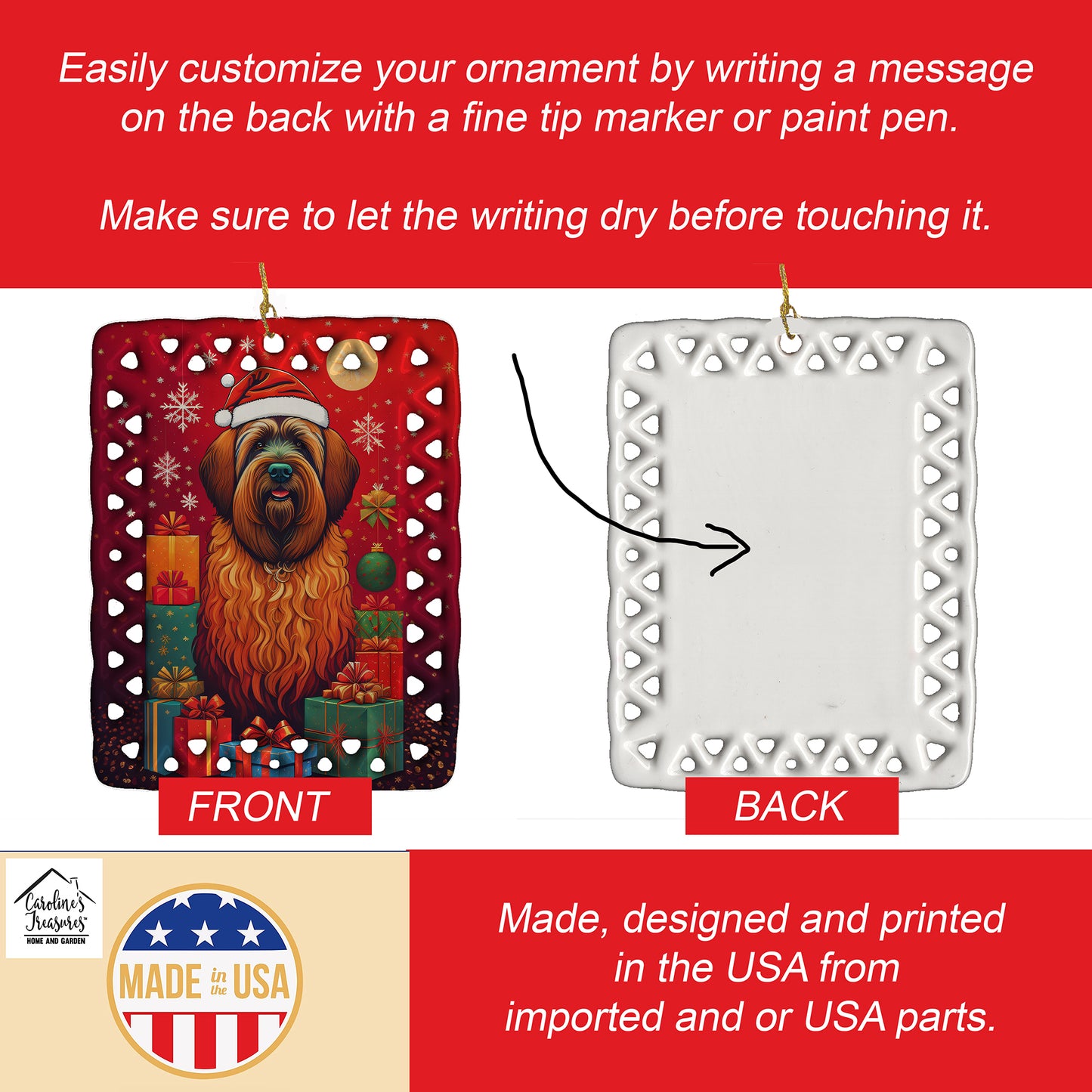 Briard Holiday Christmas Porcelain Ornament