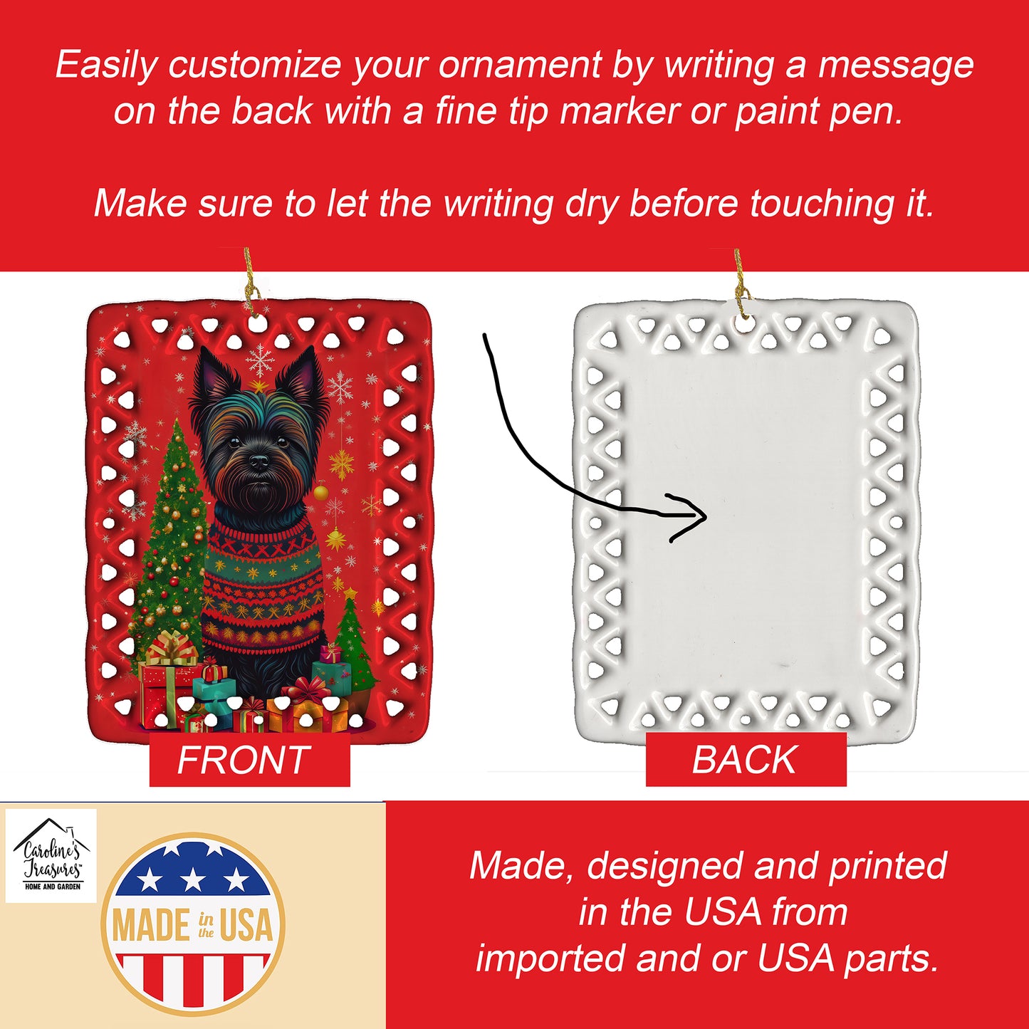 Black Cairn Terrier Holiday Christmas Porcelain Ornament