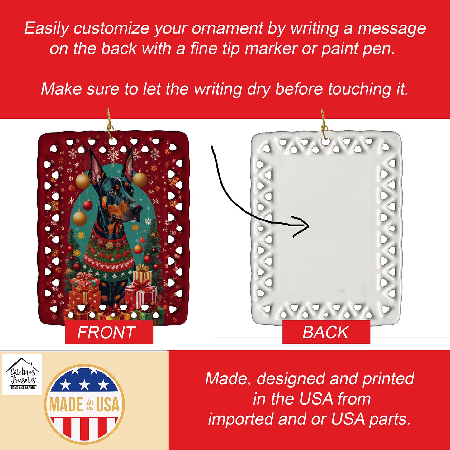 Doberman Pinscher Holiday Christmas Porcelain Ornament