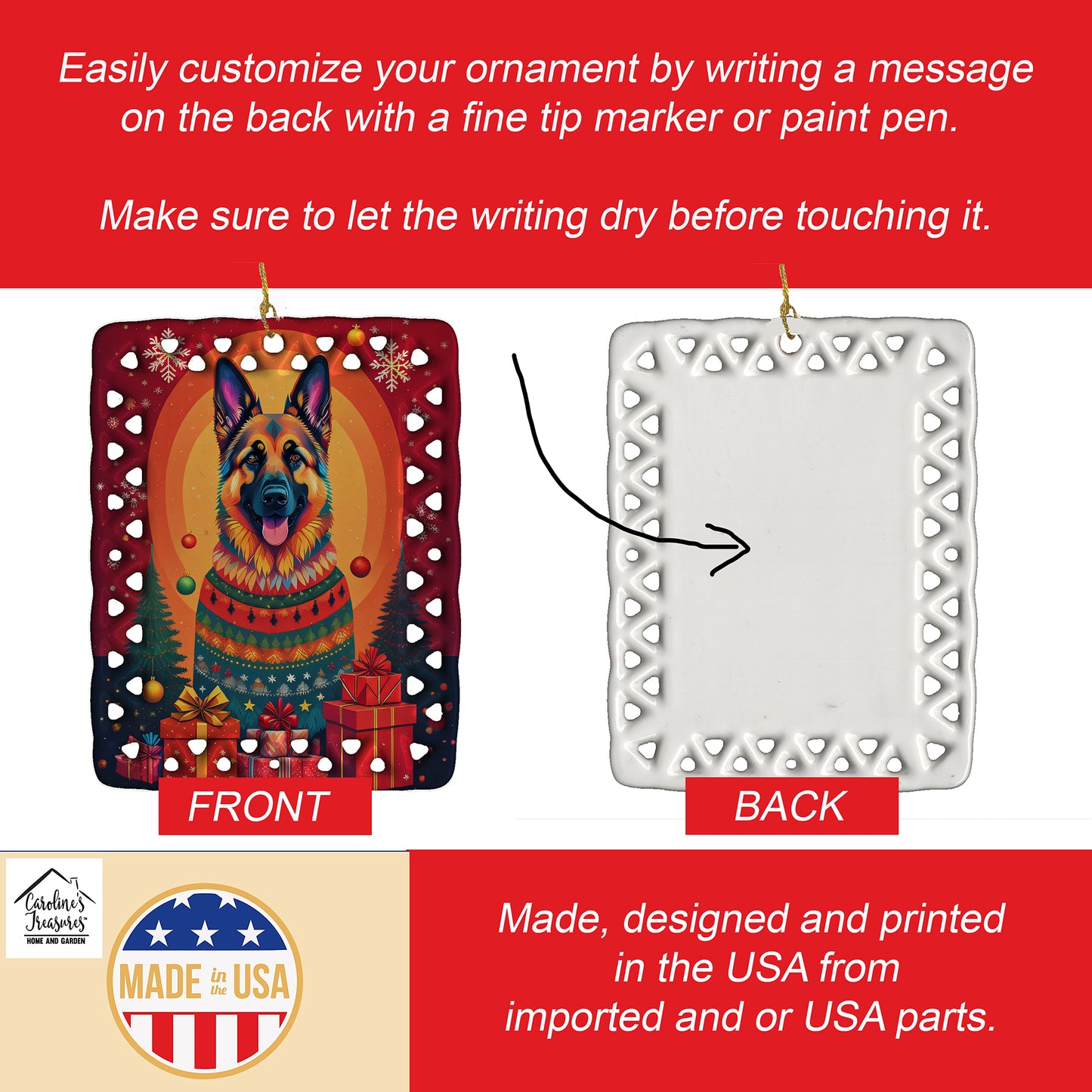 German Shepherd Holiday Christmas Porcelain Ornament