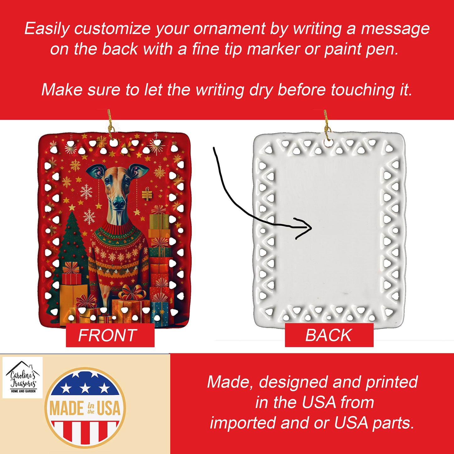 Greyhound Holiday Christmas Porcelain Ornament