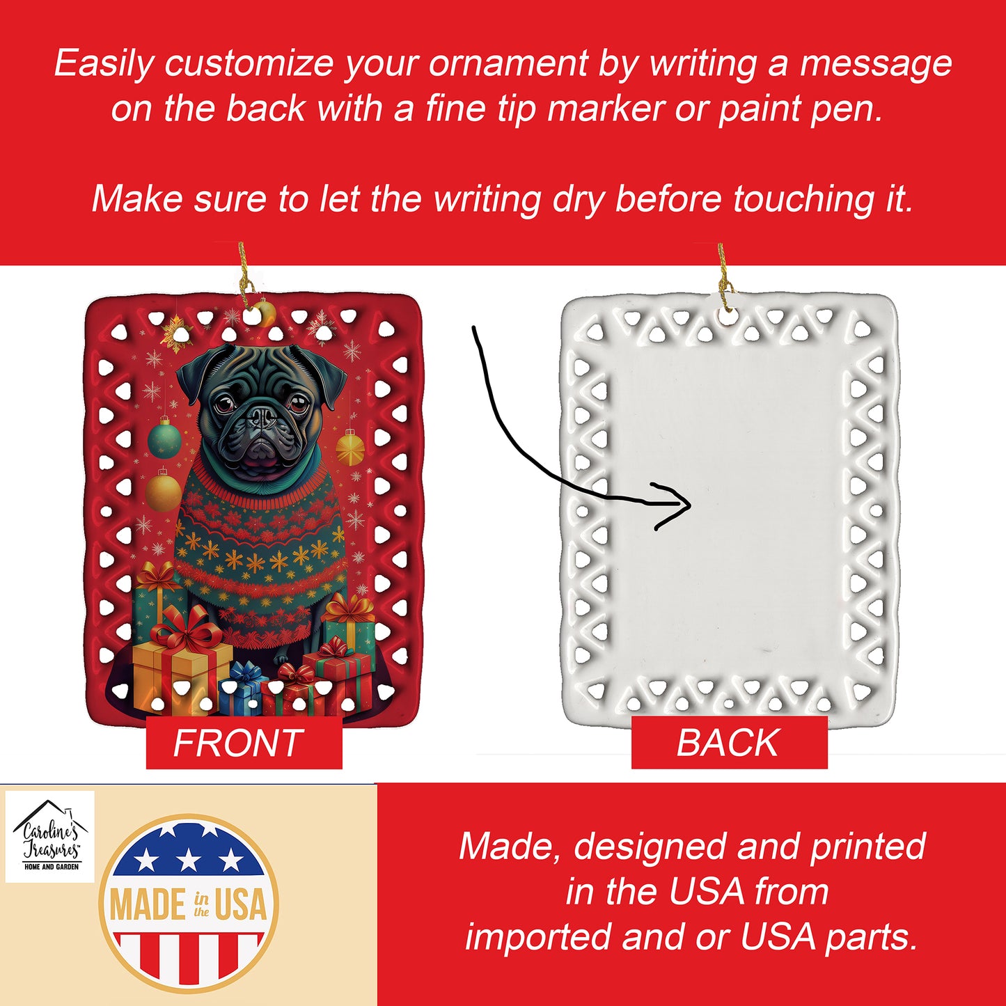 Black Pug Holiday Christmas Porcelain Ornament