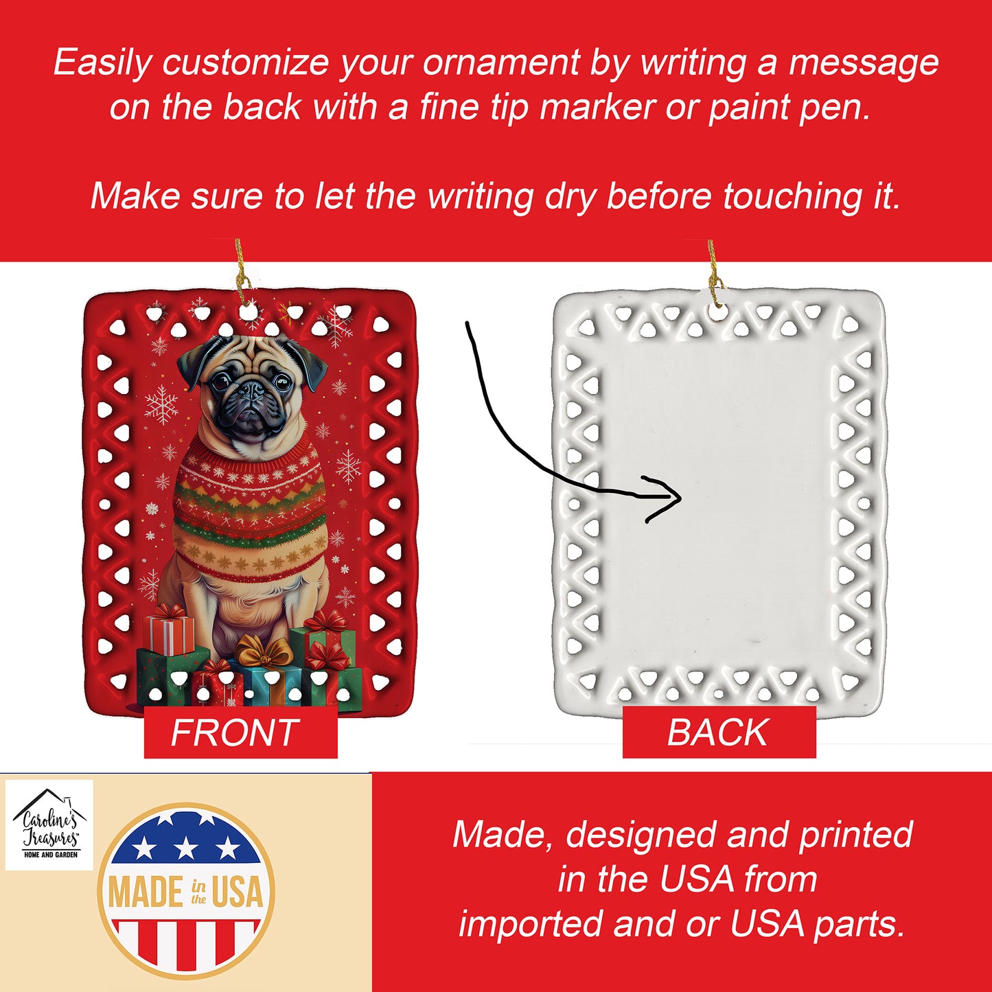 Fawn Pug Holiday Christmas Porcelain Ornament