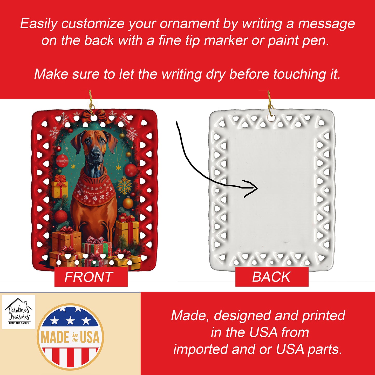 Rhodesian Ridgeback Holiday Christmas Porcelain Ornament