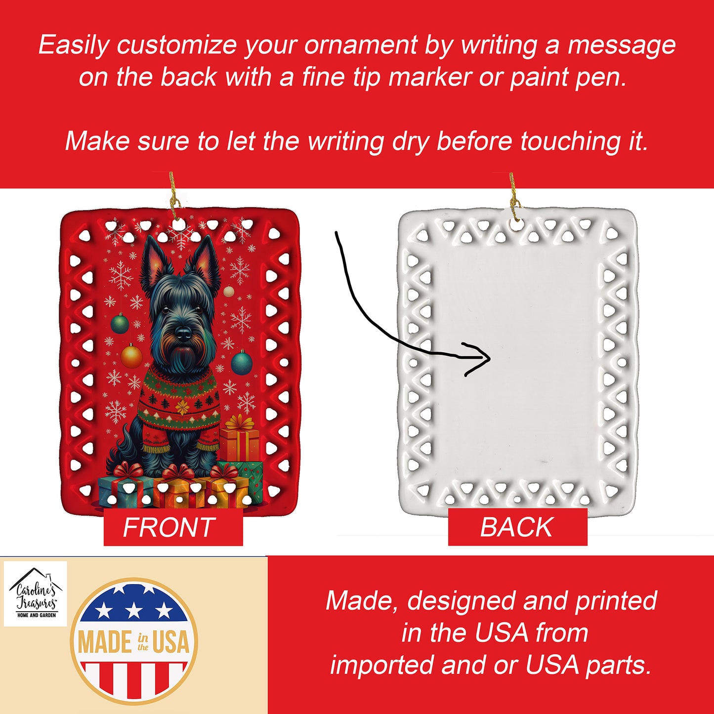 Scottish Terrier Holiday Christmas Porcelain Ornament