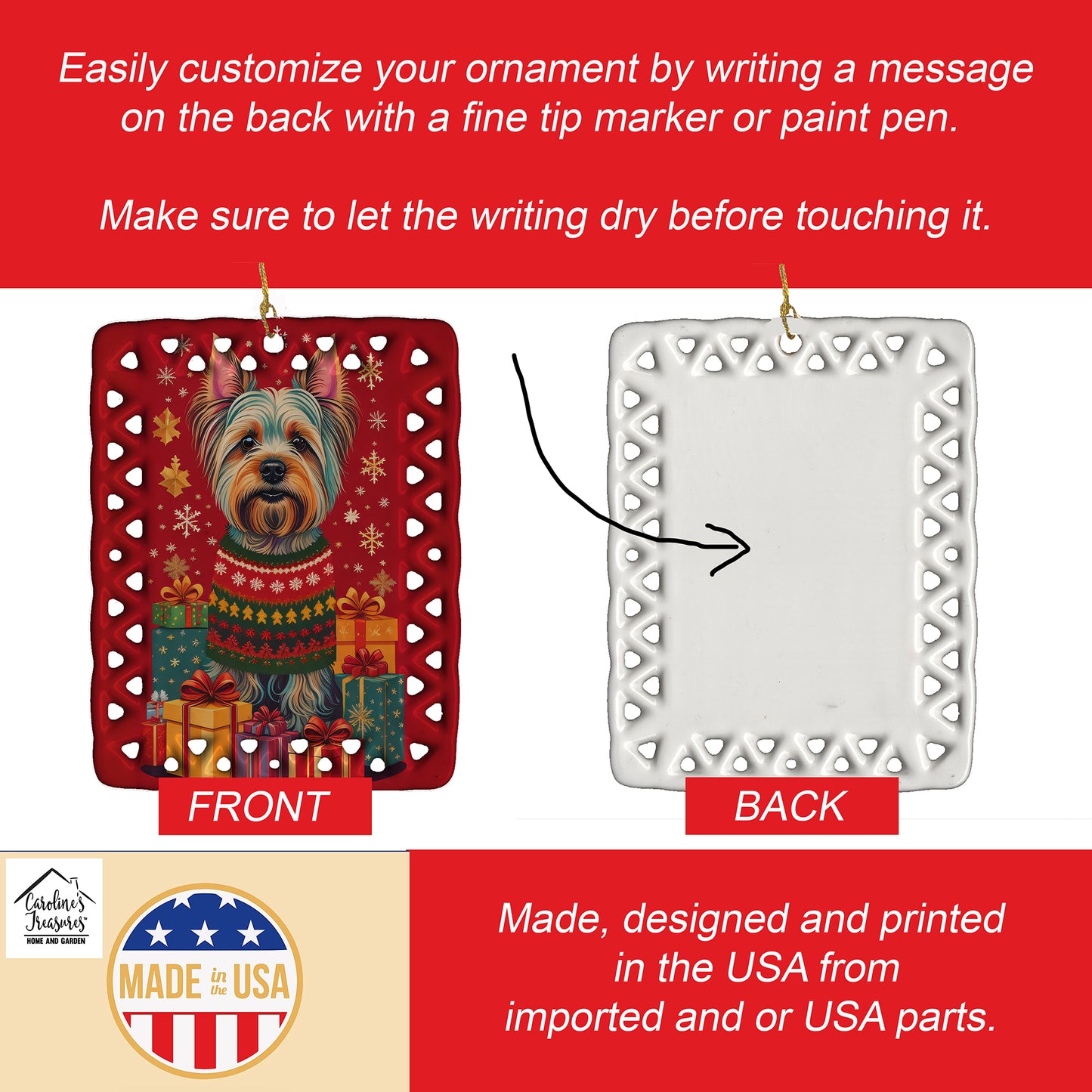 Silky Terrier Holiday Christmas Porcelain Ornament