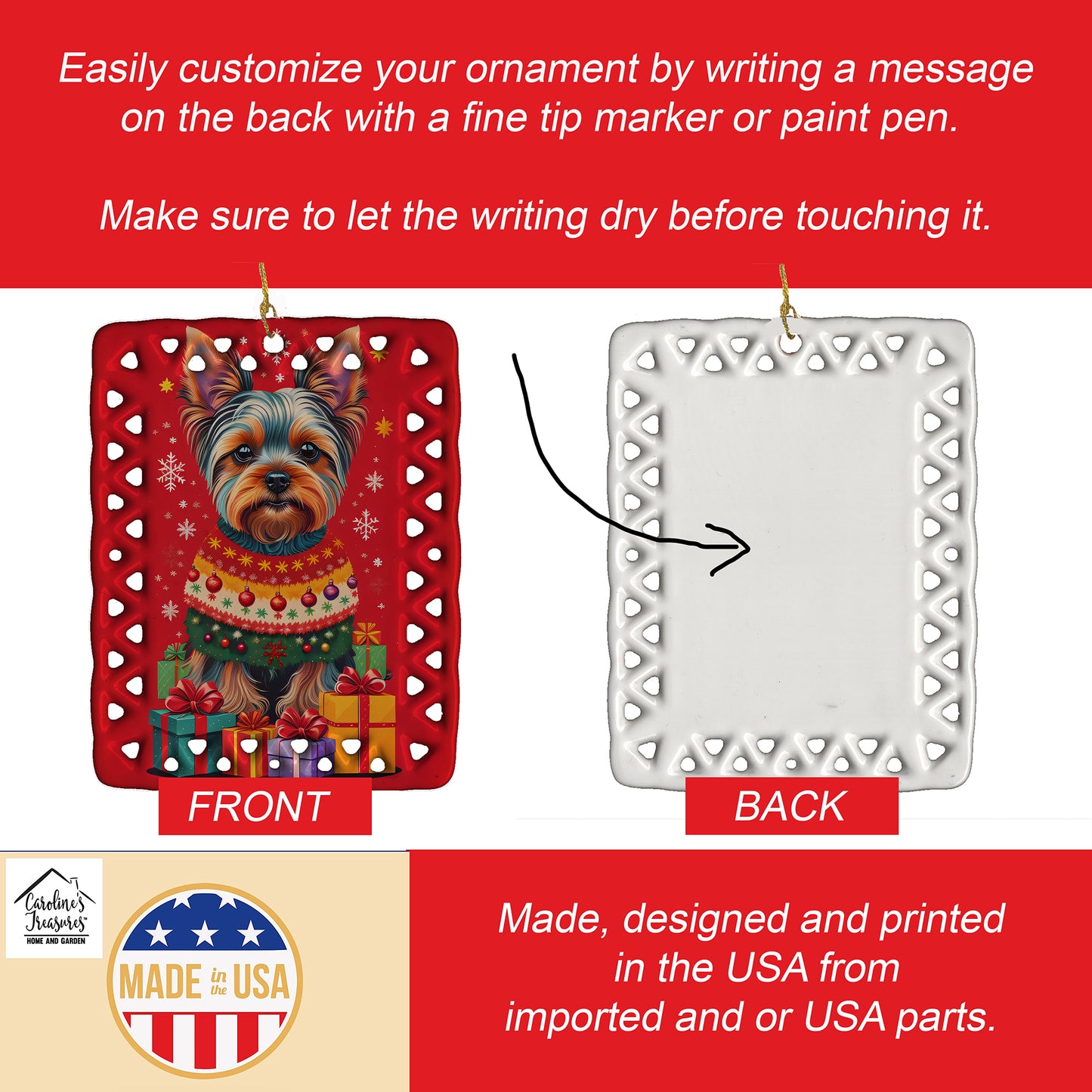 Yorkshire Terrier Holiday Christmas Porcelain Ornament