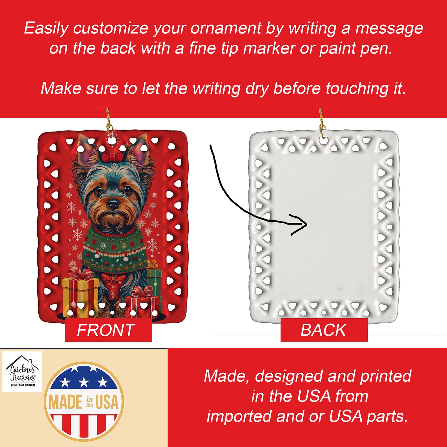 Yorkshire Terrier Holiday Christmas Porcelain Ornament