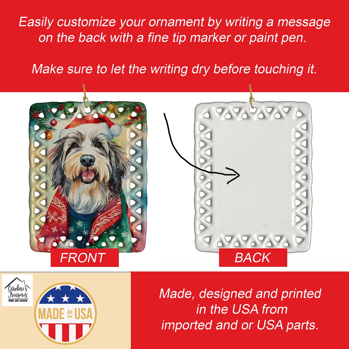 Bearded Collie Christmas Porcelain Ornament