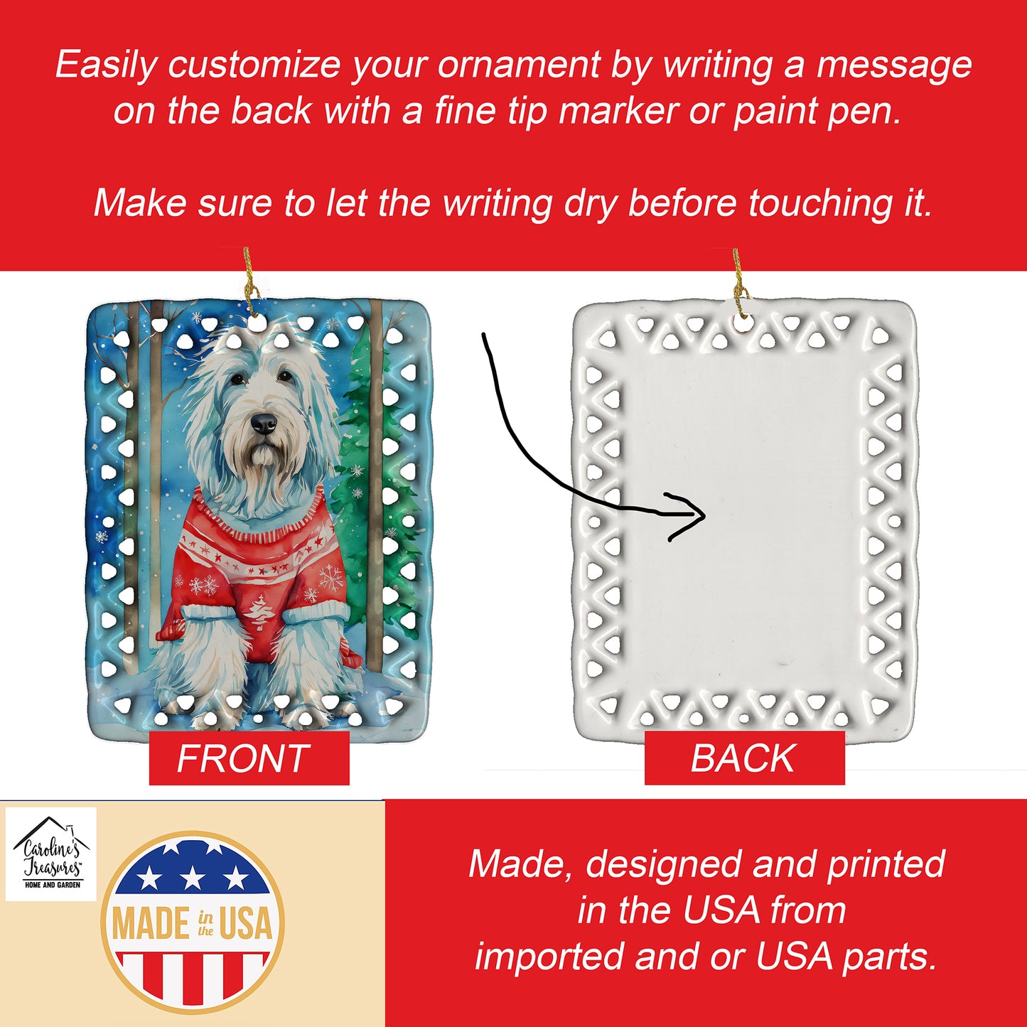 Bearded Collie Christmas Porcelain Ornament