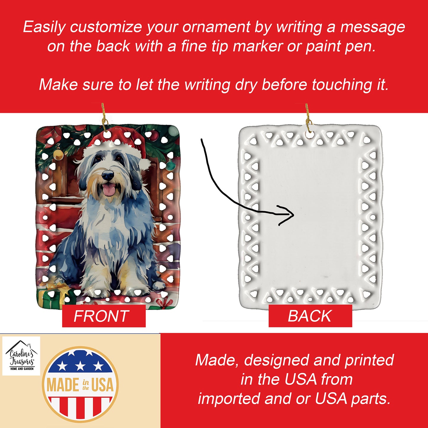 Bearded Collie Christmas Porcelain Ornament