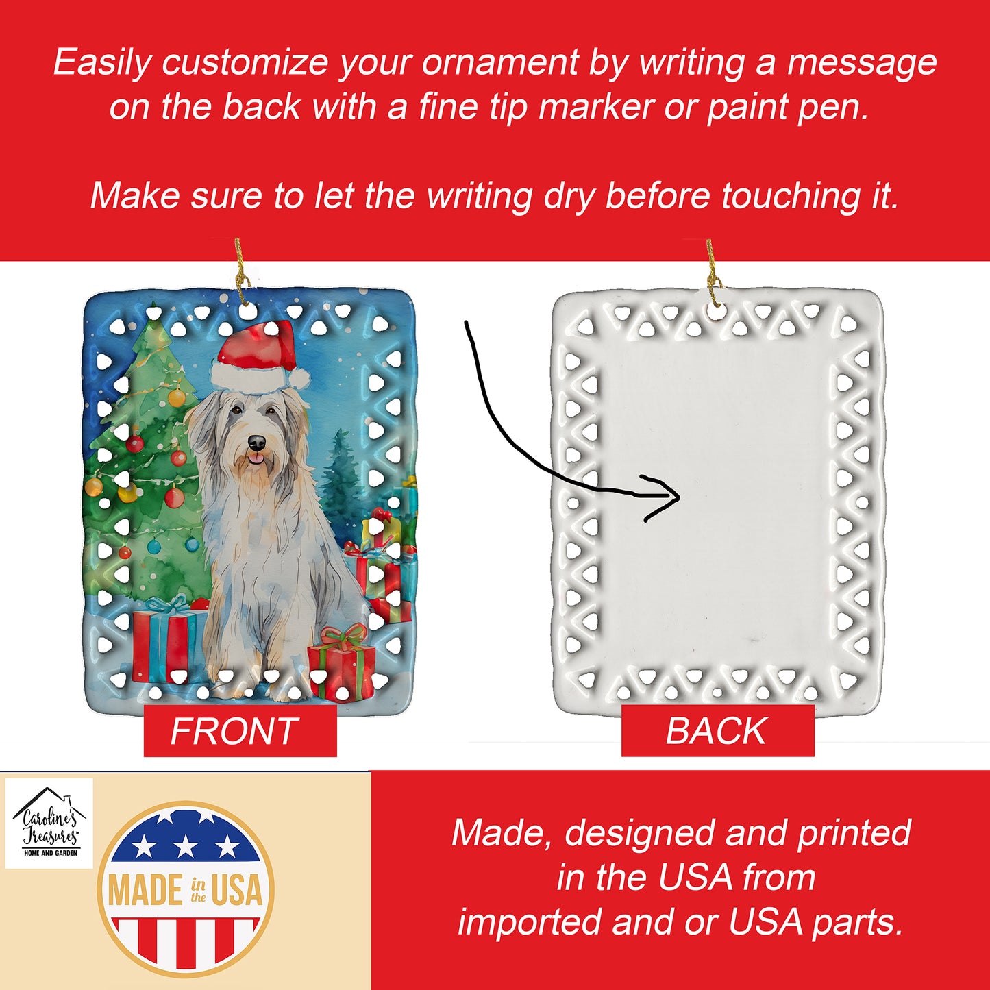 Bearded Collie Christmas Porcelain Ornament