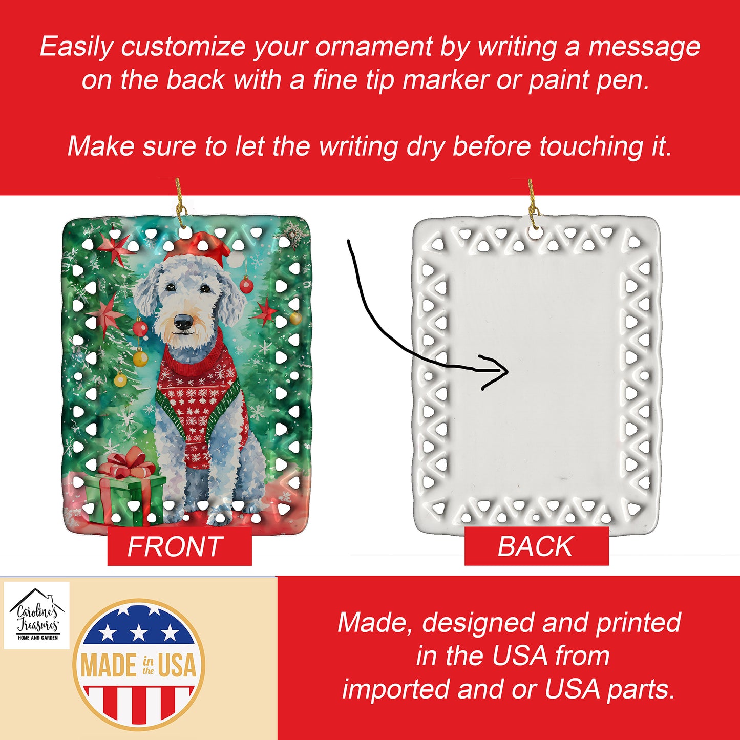 Bedlington Terrier Christmas Porcelain Ornament