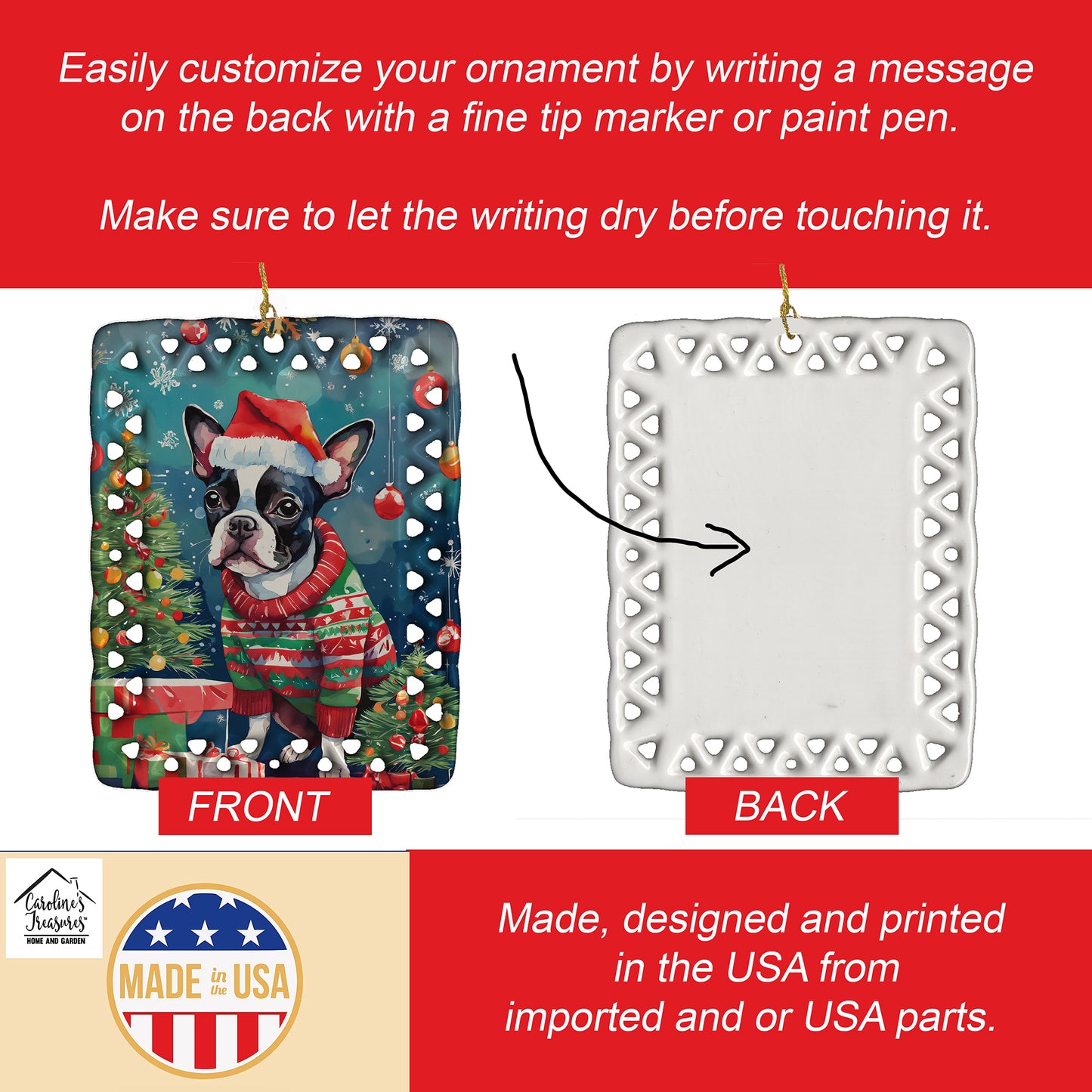 Boston Terrier Christmas Porcelain Ornament