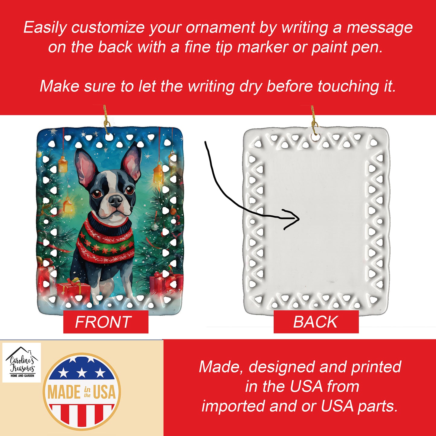 Boston Terrier Christmas Porcelain Ornament