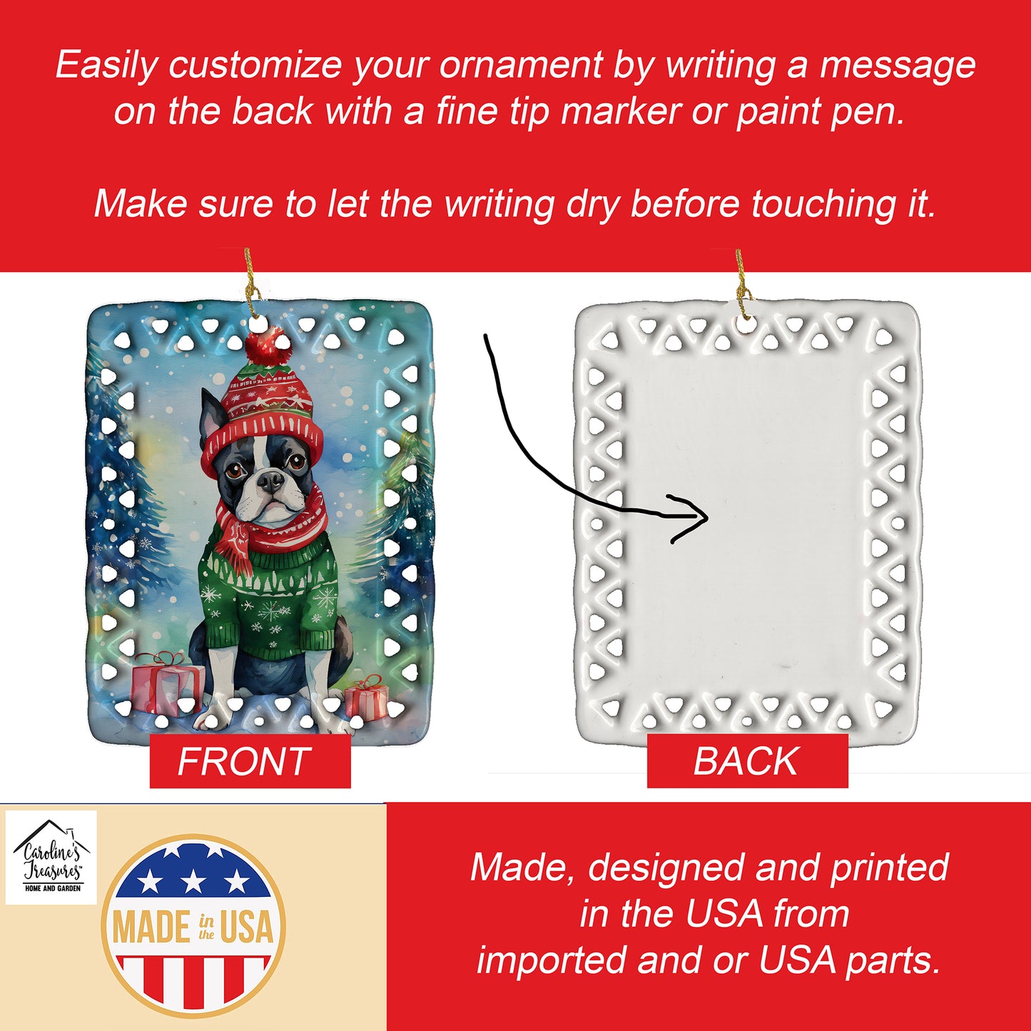 Boston Terrier Christmas Porcelain Ornament