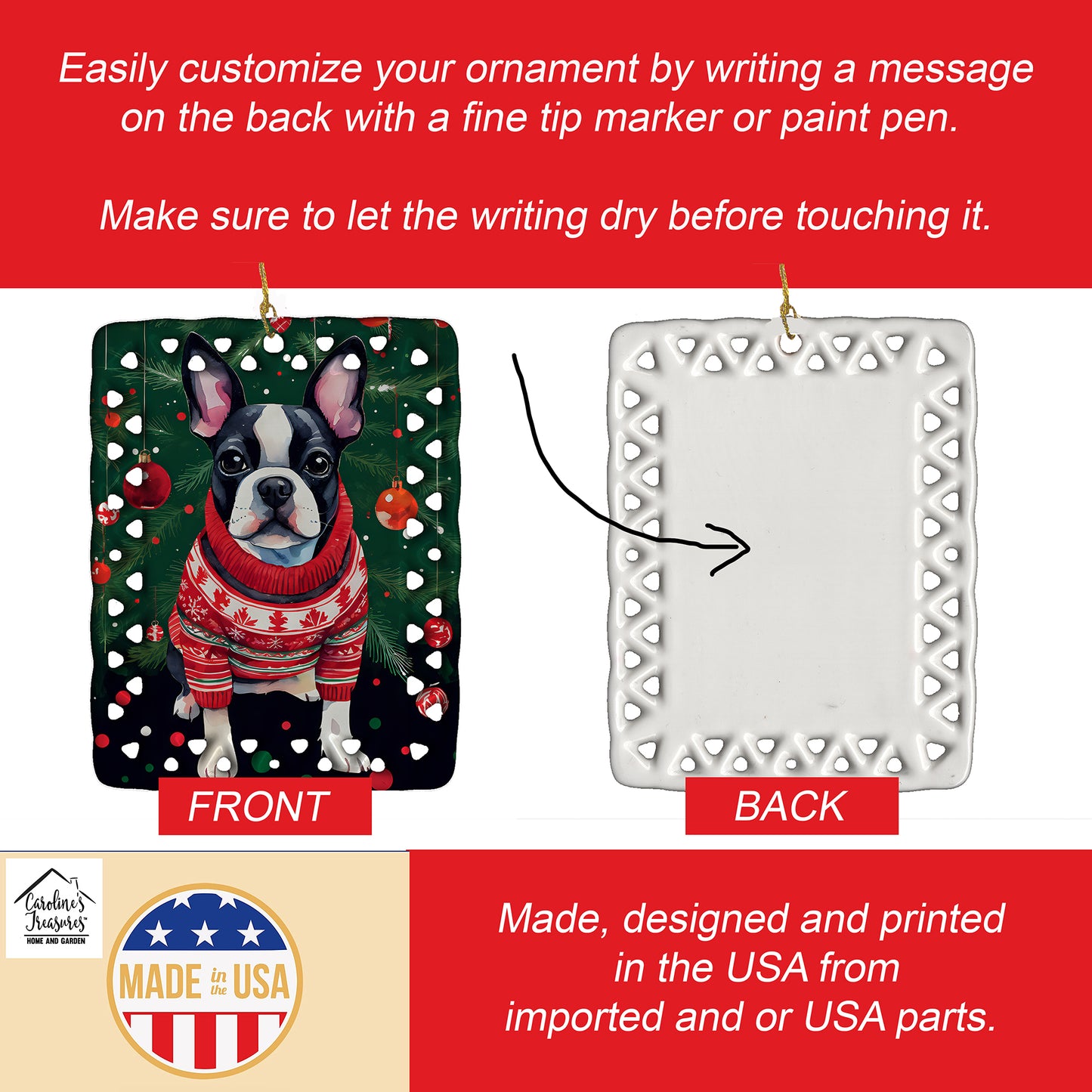 Boston Terrier Christmas Porcelain Ornament