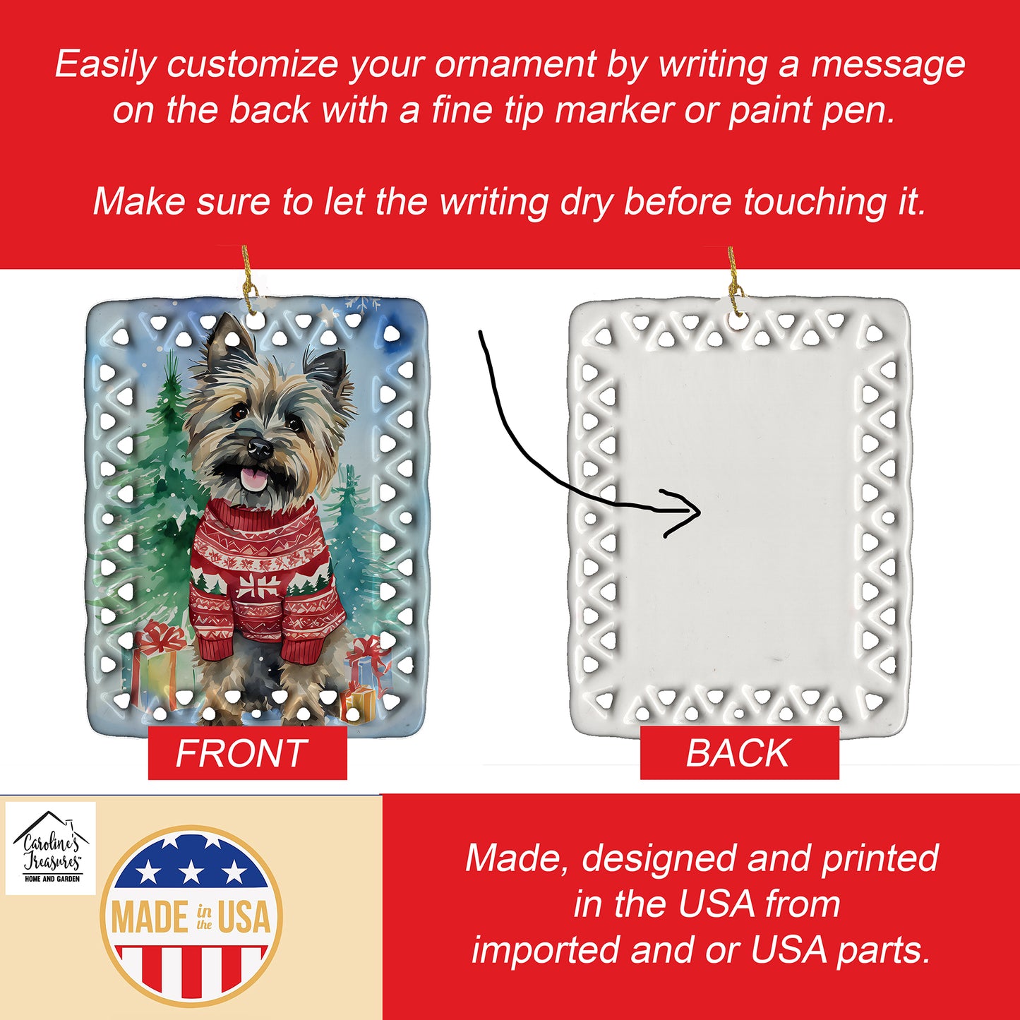 Cairn Terrier Christmas Porcelain Ornament