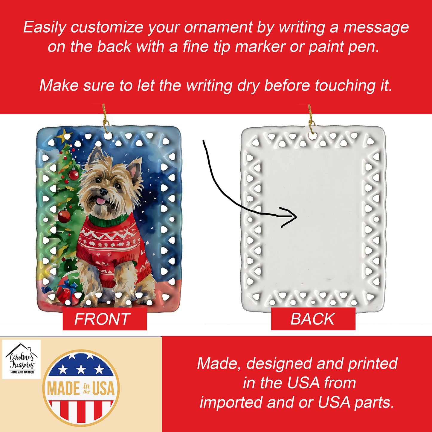 Cairn Terrier Christmas Porcelain Ornament