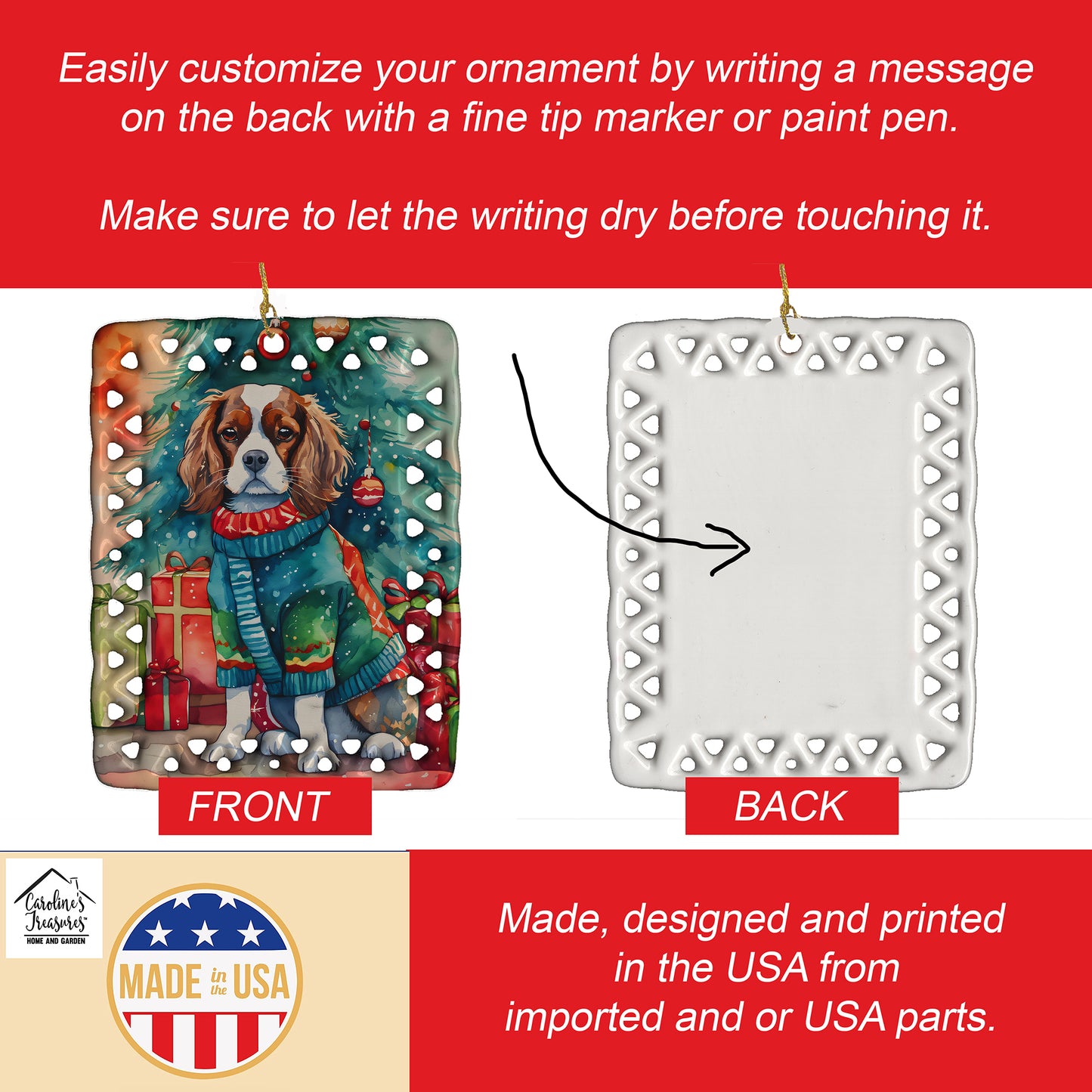 Cavalier Spaniel Christmas Porcelain Ornament