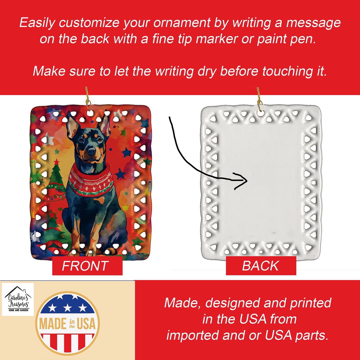 Doberman Pinscher Christmas Porcelain Ornament