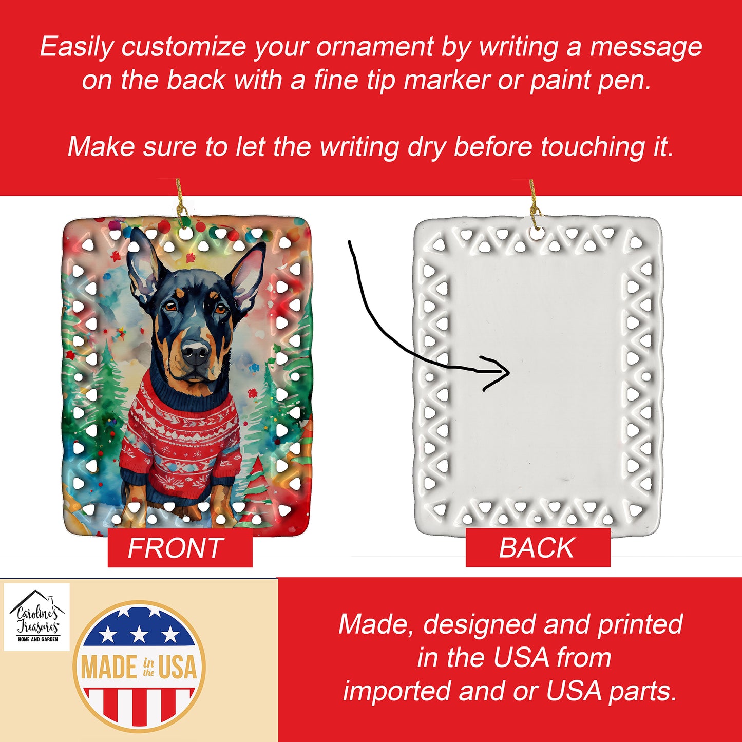 Doberman Pinscher Christmas Porcelain Ornament