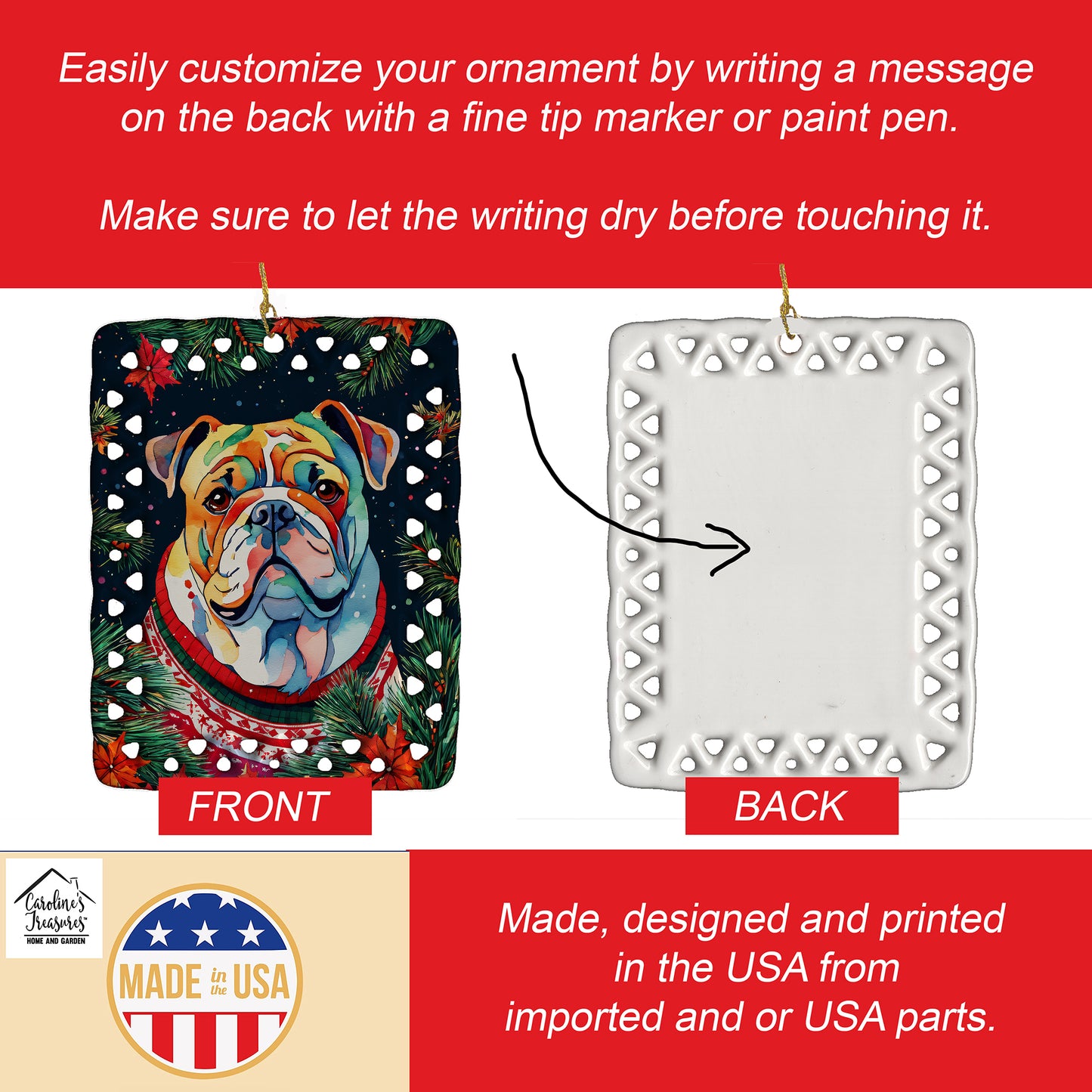 English Bulldog Christmas Porcelain Ornament