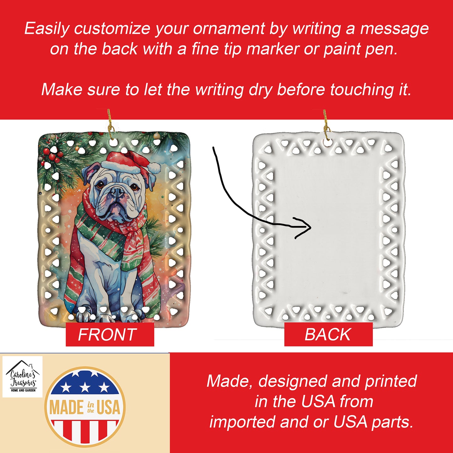 English Bulldog Christmas Porcelain Ornament