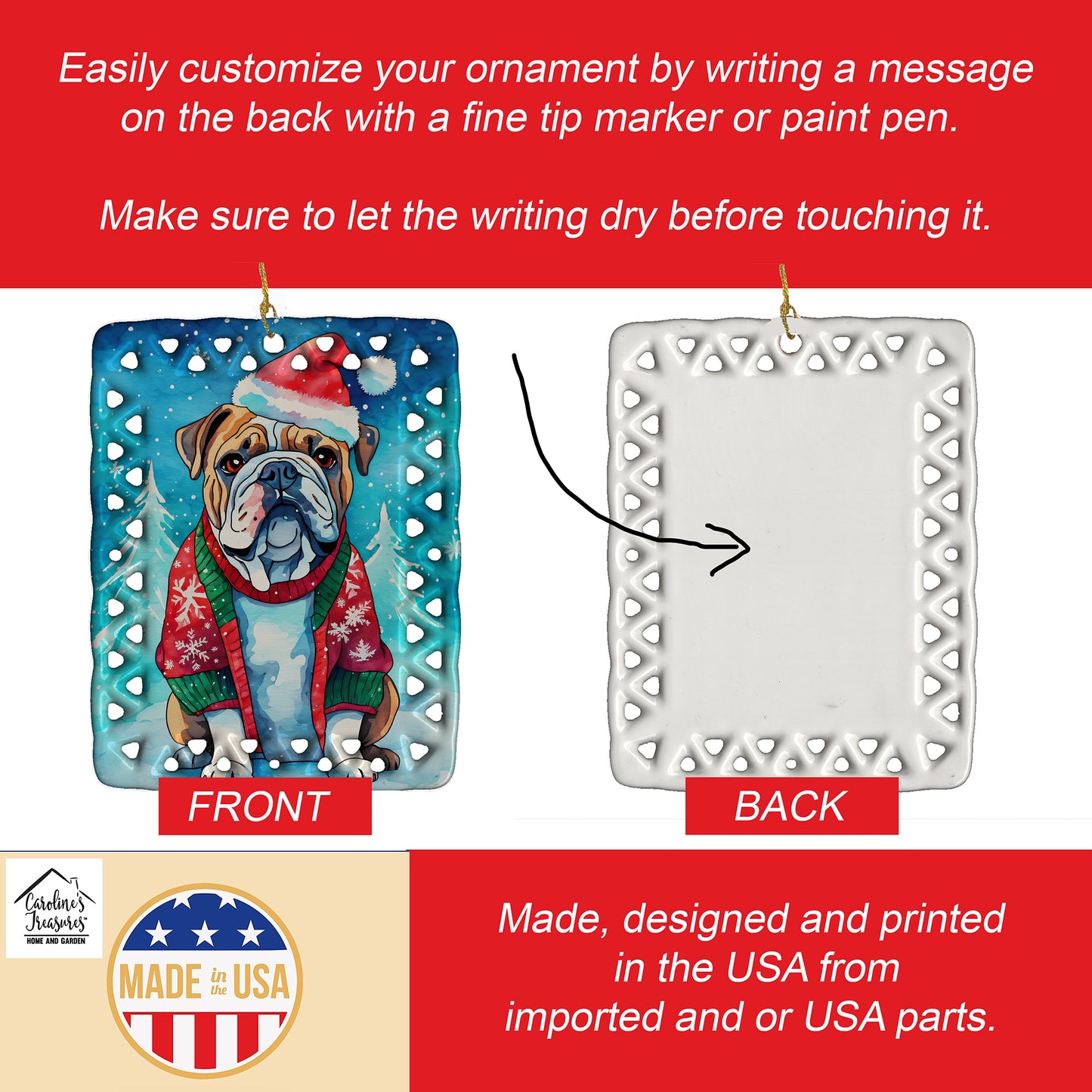 English Bulldog Christmas Porcelain Ornament