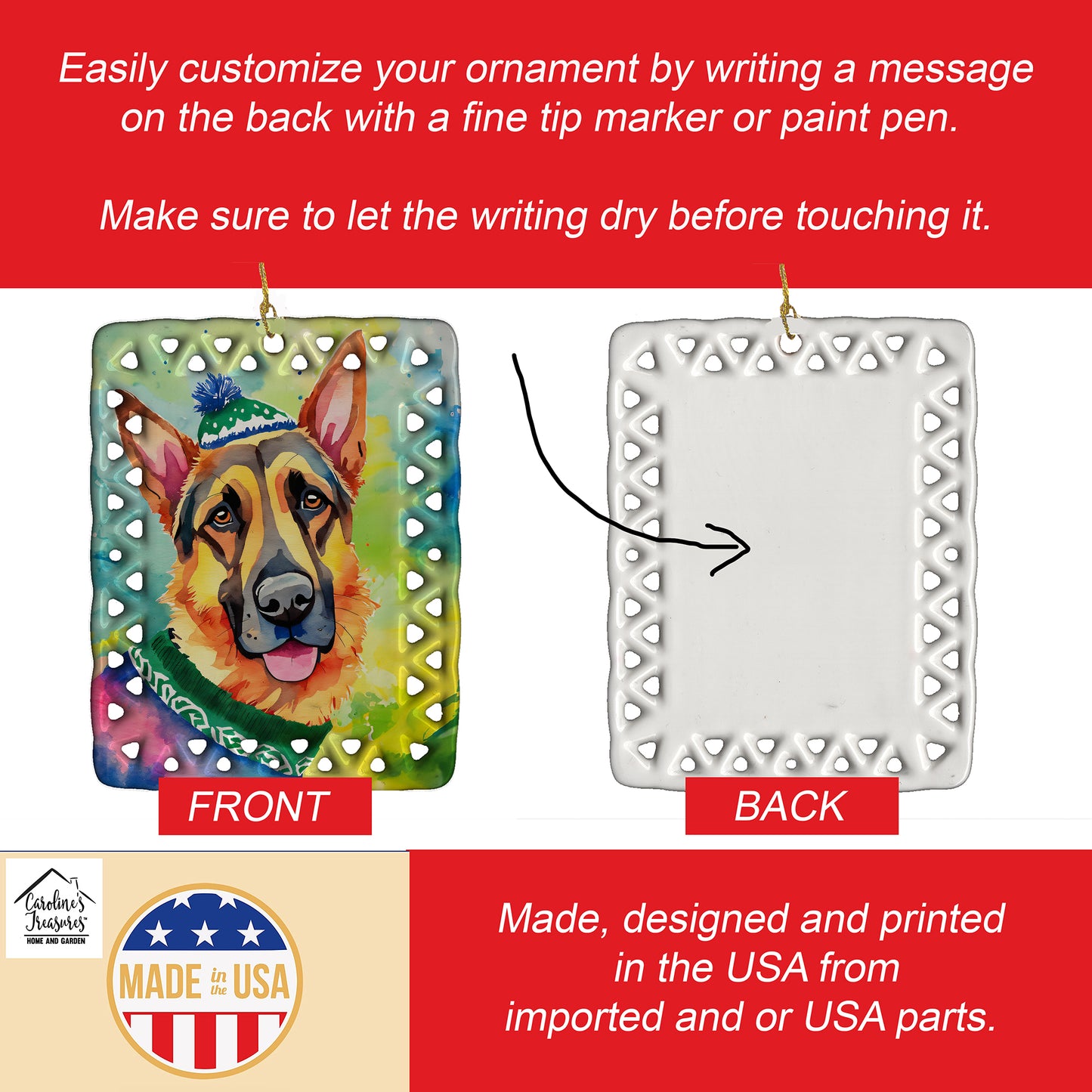 German Shepherd Christmas Porcelain Ornament