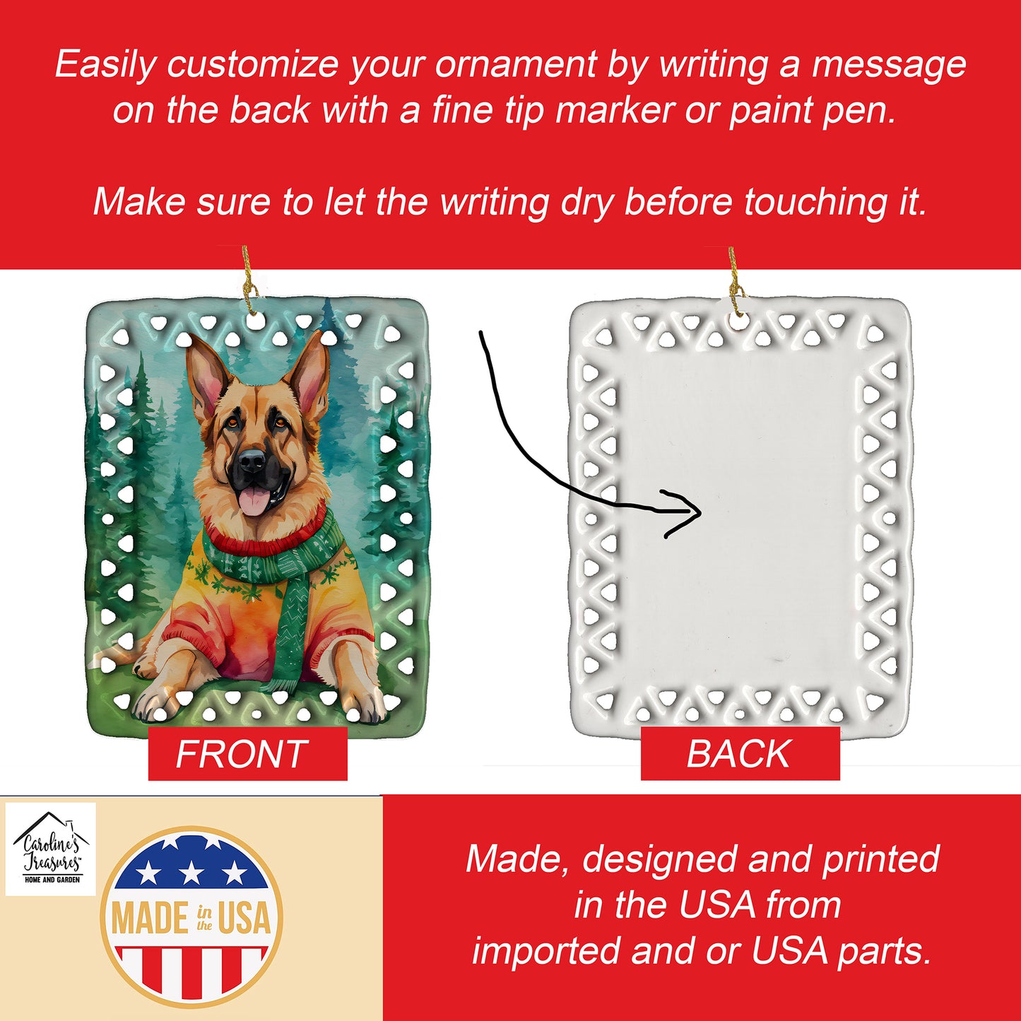 German Shepherd Christmas Porcelain Ornament