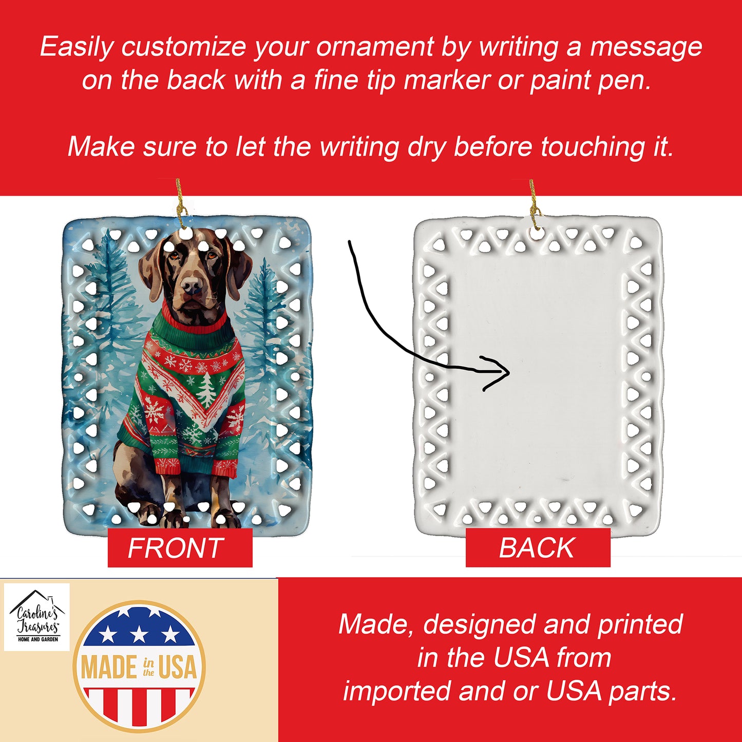 German Shorthaired Pointer Christmas Porcelain Ornament