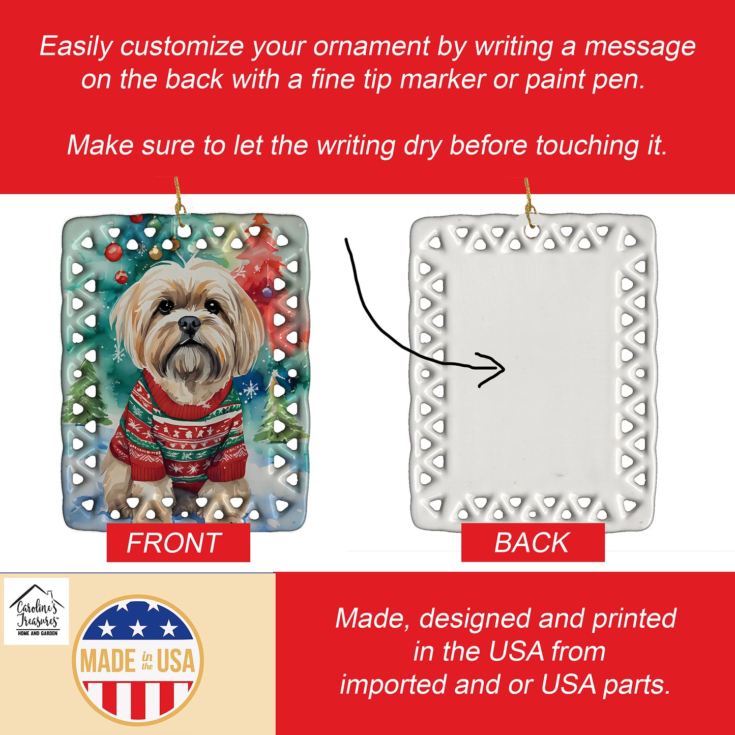 Lhasa Apso Christmas Porcelain Ornament