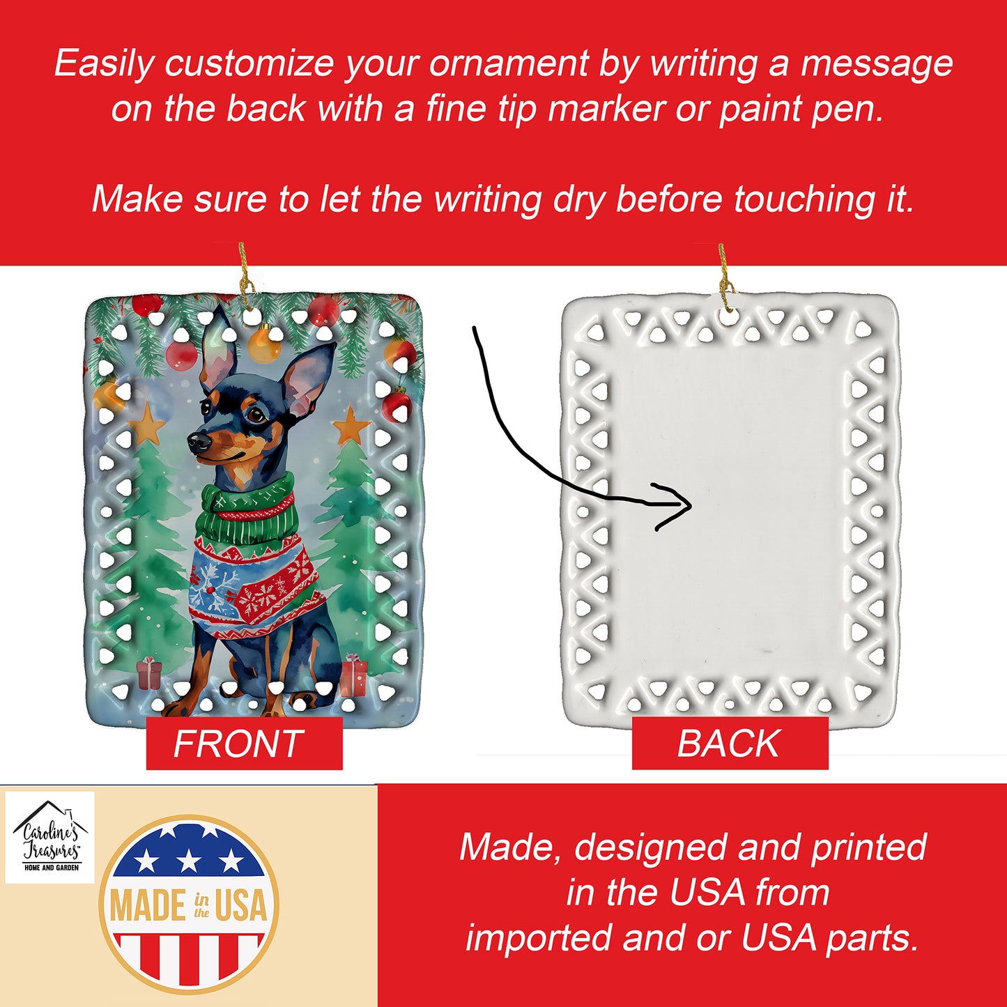 Miniature Pinscher Christmas Porcelain Ornament