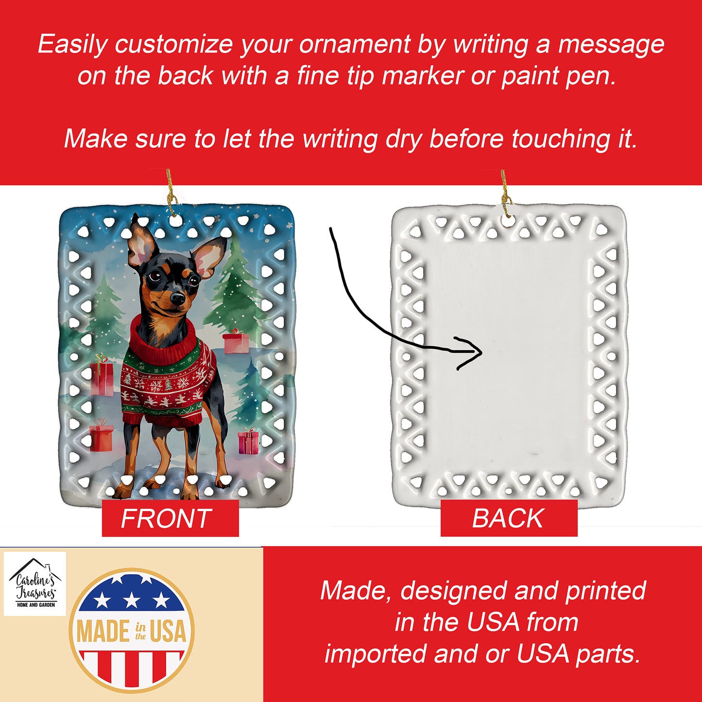 Miniature Pinscher Christmas Porcelain Ornament