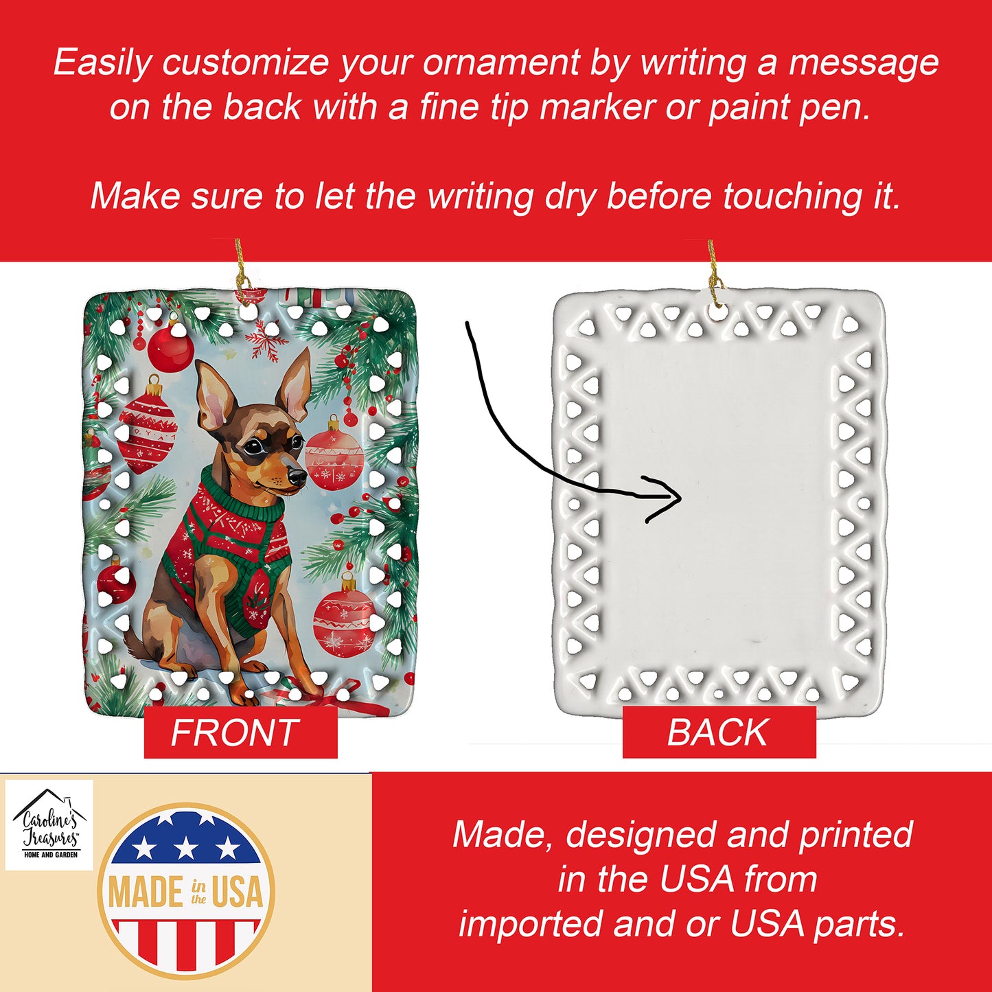 Miniature Pinscher Christmas Porcelain Ornament